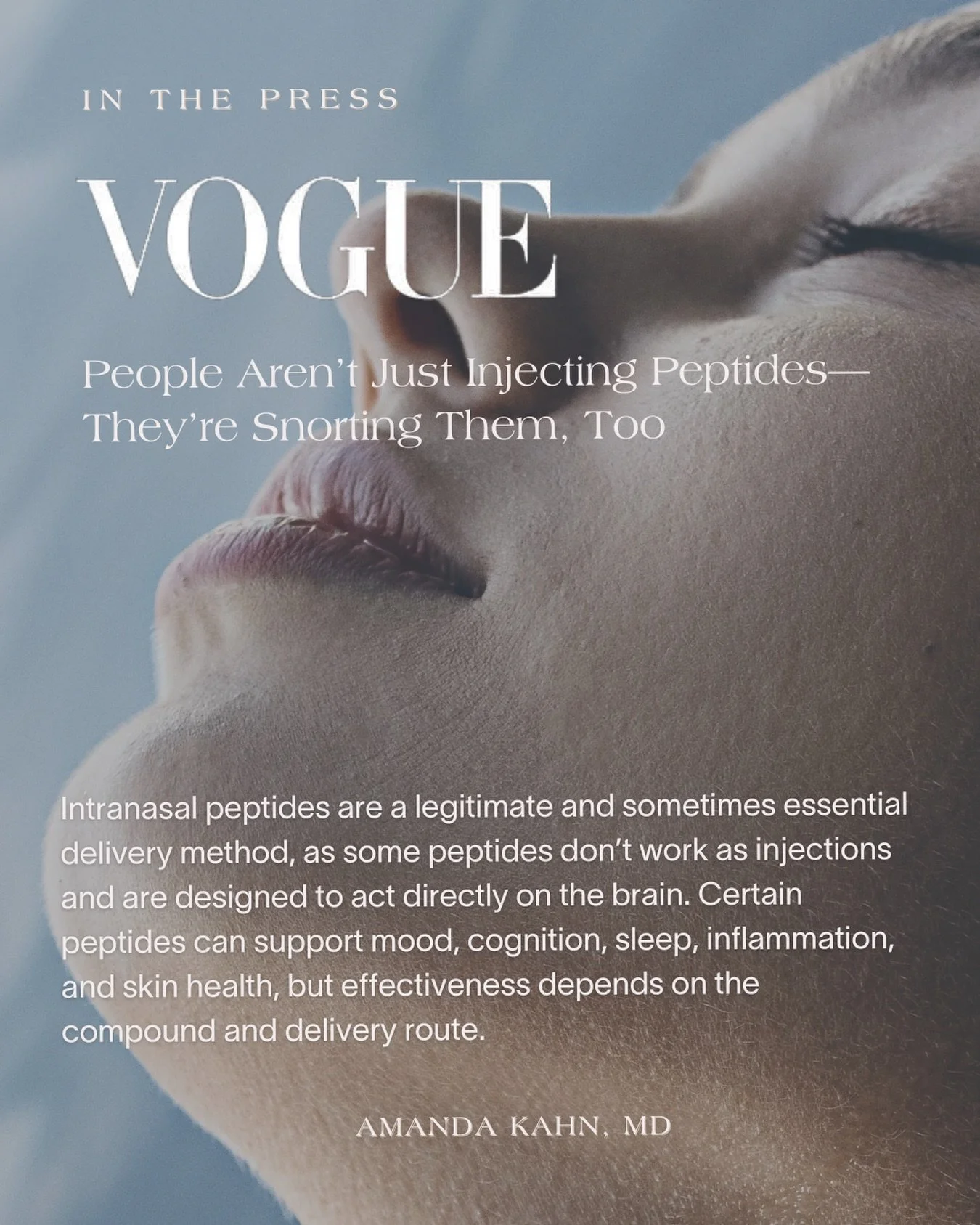 Thank you @voguemagazine for including me in this thoughtful conversation on intranasal peptides and responsible optimization. Grateful to share clinical perspective on what works, what doesn&rsquo;t, and why sourcing matters.

By @fifival 
 
#peptid