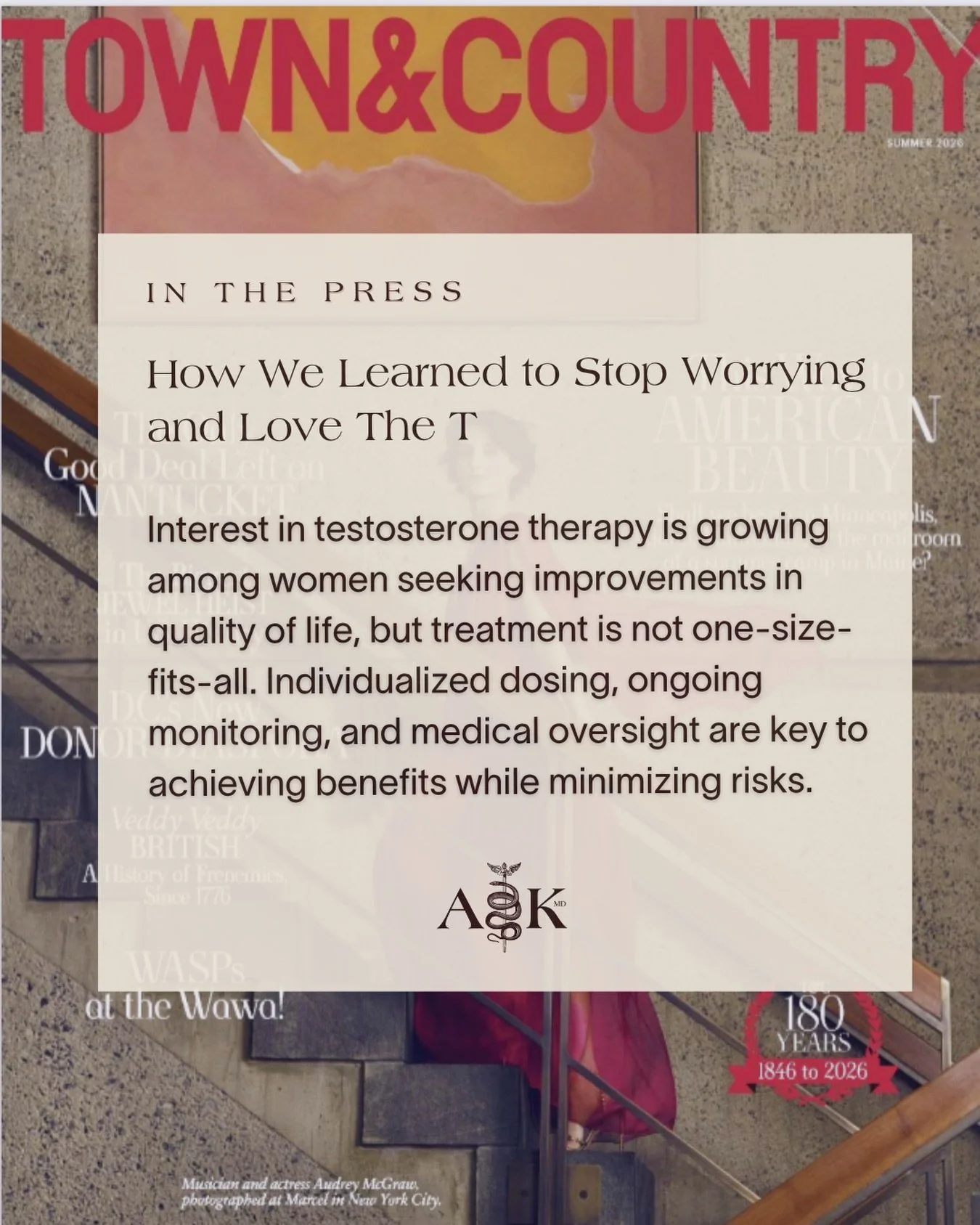 Thank you @townandcountrymag for the feature. I shared my perspective on women&rsquo;s testosterone therapy, emphasizing that it is not a one-size-fits-all treatment and requires individualized dosing, careful treatment planning, and ongoing laborato