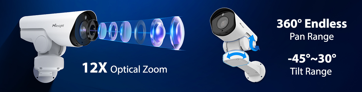 360° Endless Pan Range, Tilt Range -45°~30°, 12X Optical Zoom