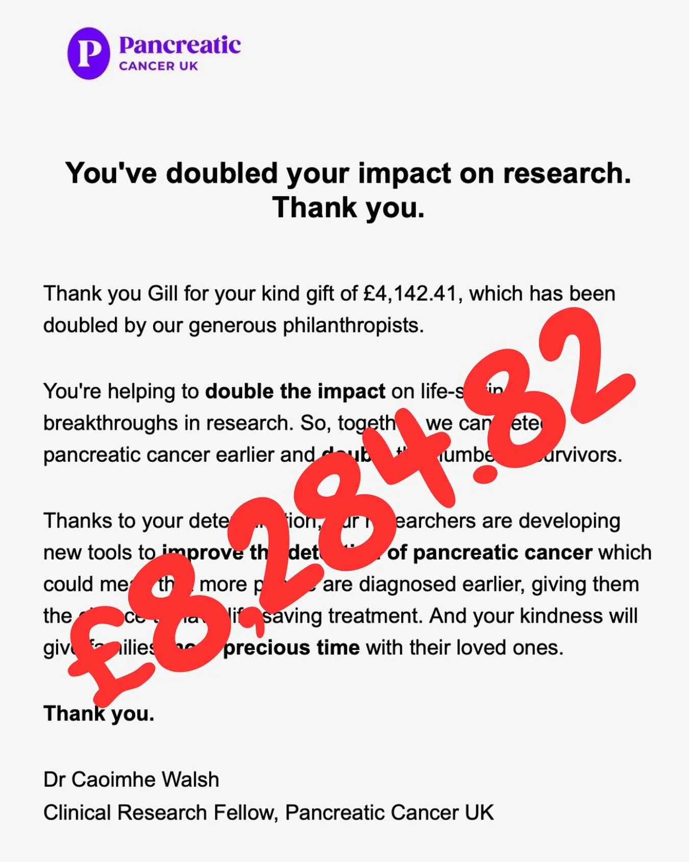 I sent all the money to @pancreaticcanuk Pancreatic Cancer UK today and, by sheer good luck, happened to do it during one of their special campaigns!
Your wonderful &pound;4142.41 (after Crowdfunder&rsquo;s fees) was magically doubled to a whopping &