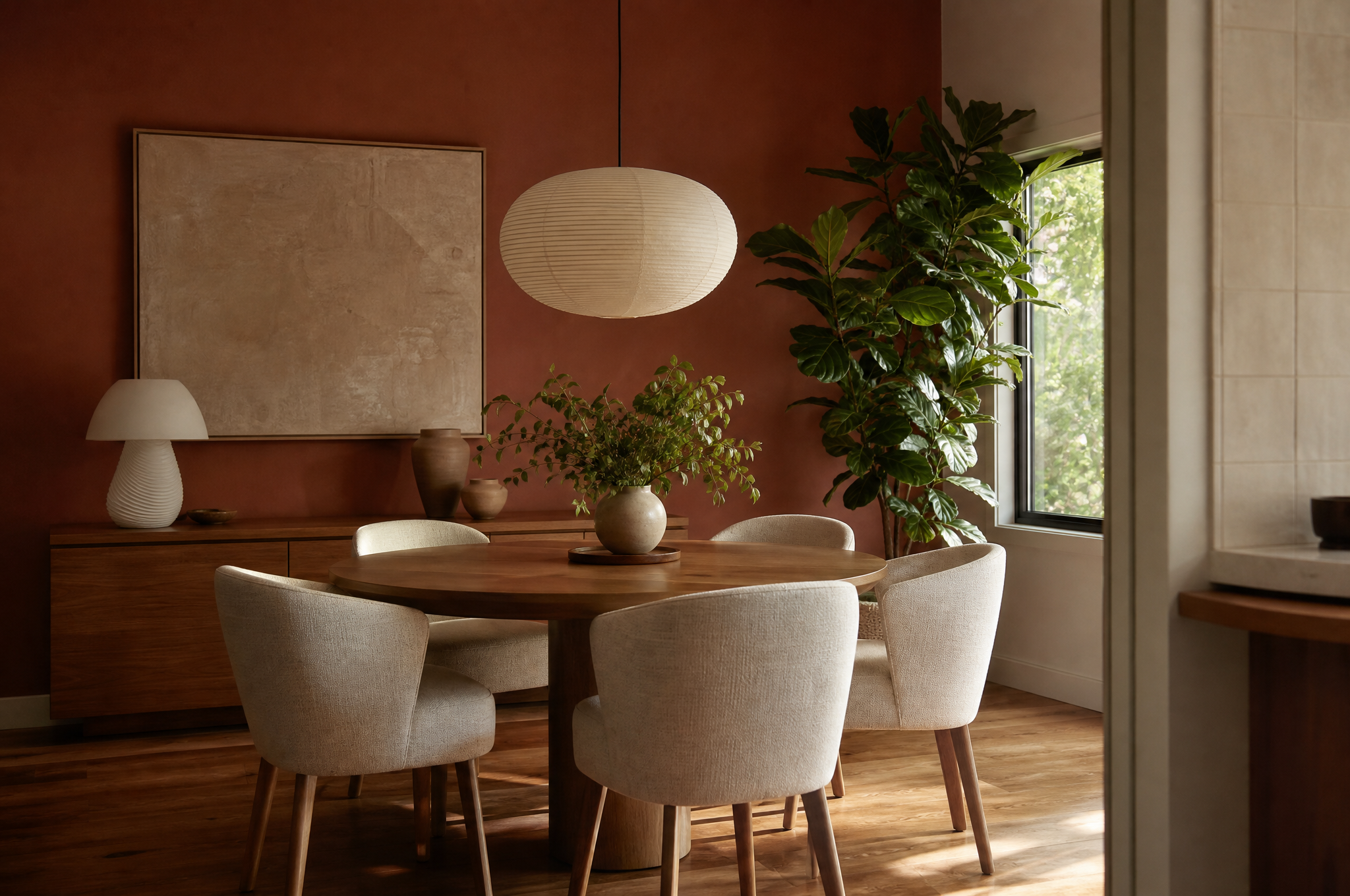 Bold terracotta dining room with timber table in Marrickville home by Tuesday Lane