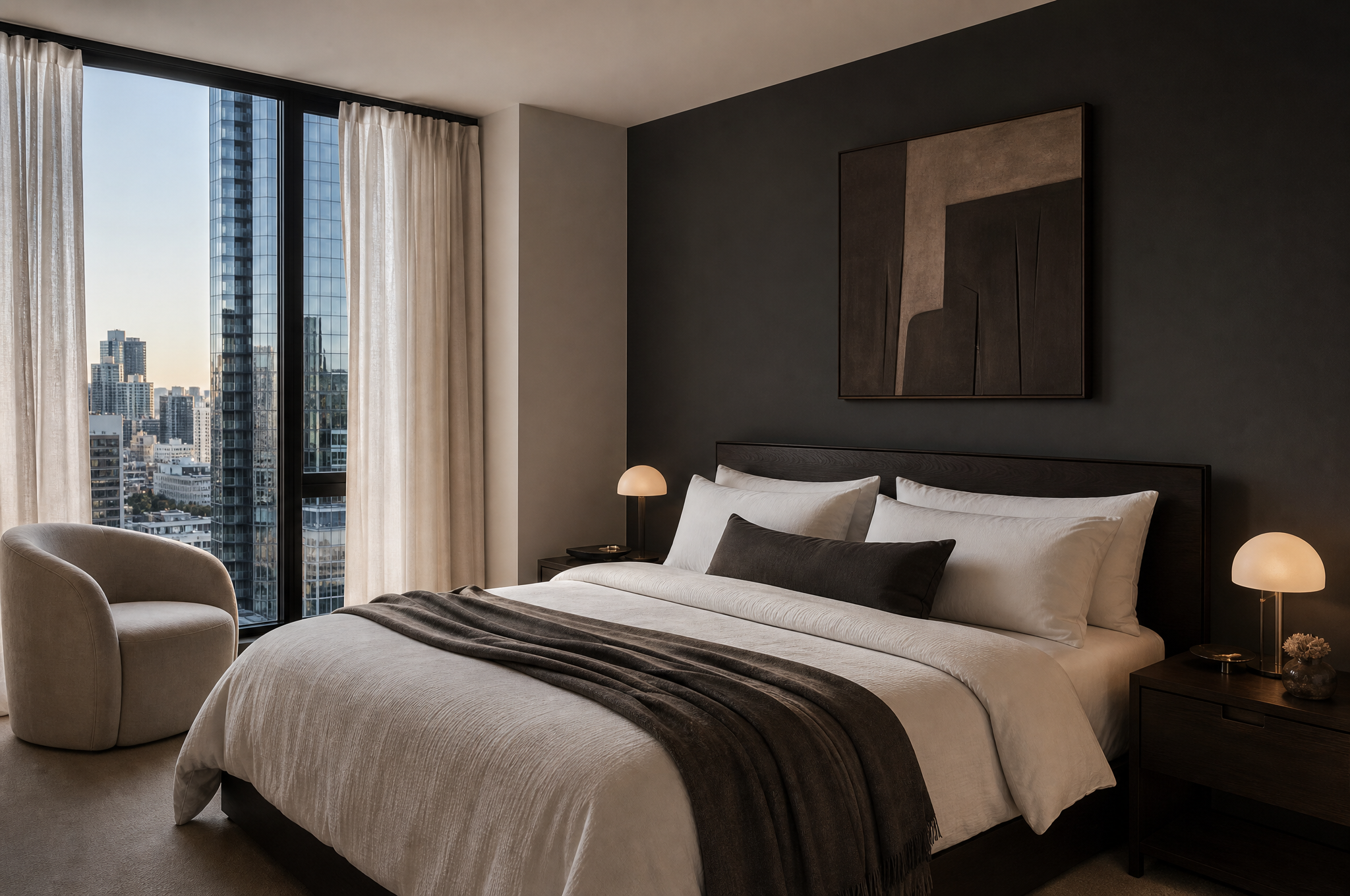 Dark and luxurious Moore Park apartment bedroom with white linen by Tuesday Lane interior designers