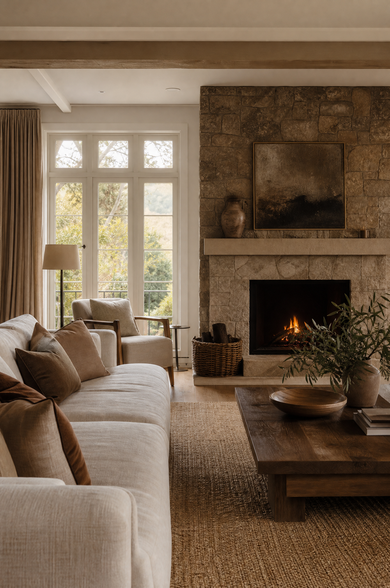 Cosy Burradoo living room with stone fireplace and linen sofa by Tuesday Lane