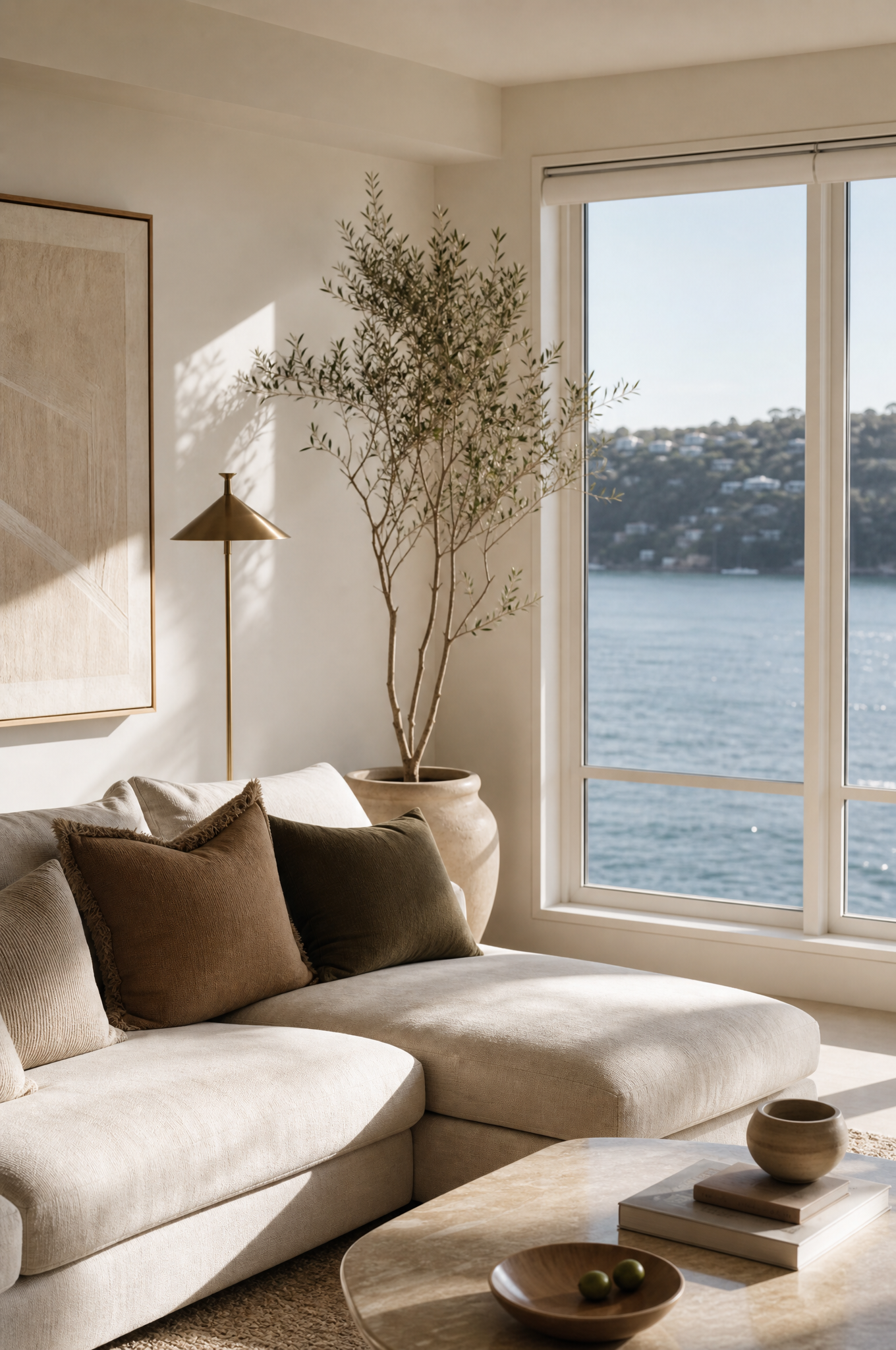 Mosman living room corner with linen sofa and indoor olive tree by Tuesday Lane