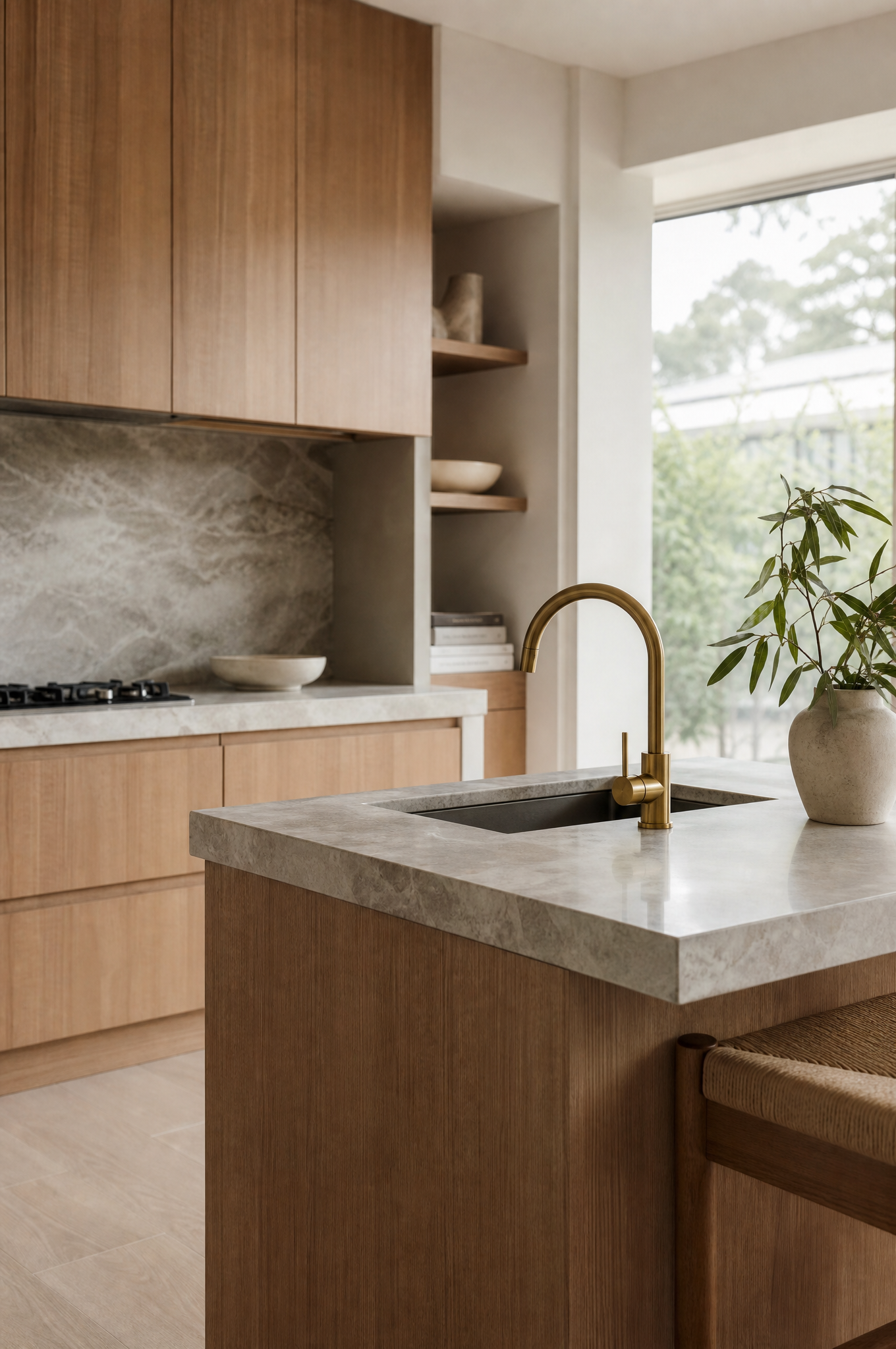 White oak kitchen cabinetry detail with brass tapware, Tuesday Lane Watsons Bay