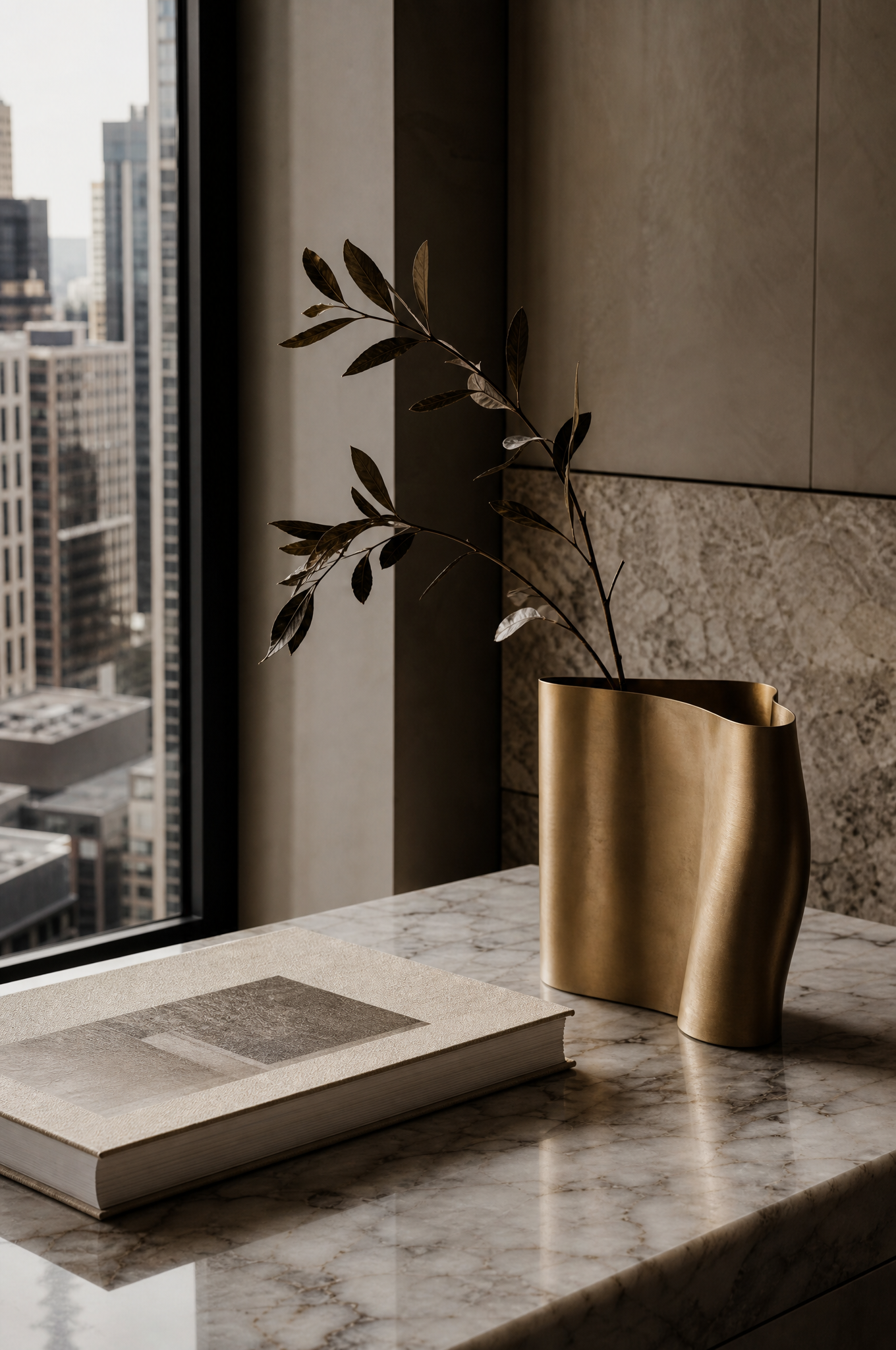 Sophisticated interior styling detail with marble surface and brushed gold vase, Tuesday Lane Alexandria