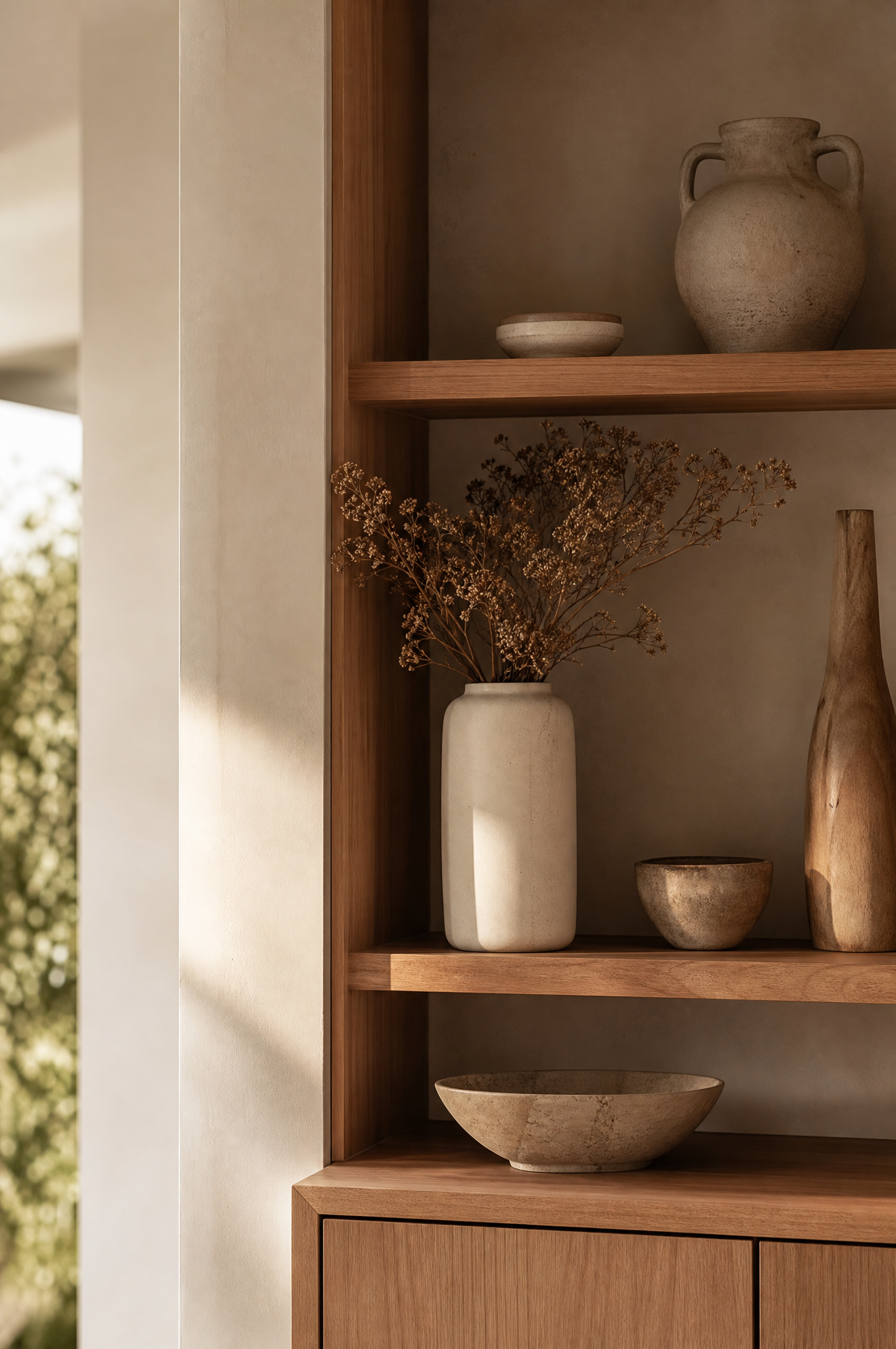Interior styling shelf detail with earthy ceramics and botanicals, Tuesday Lane Rozelle