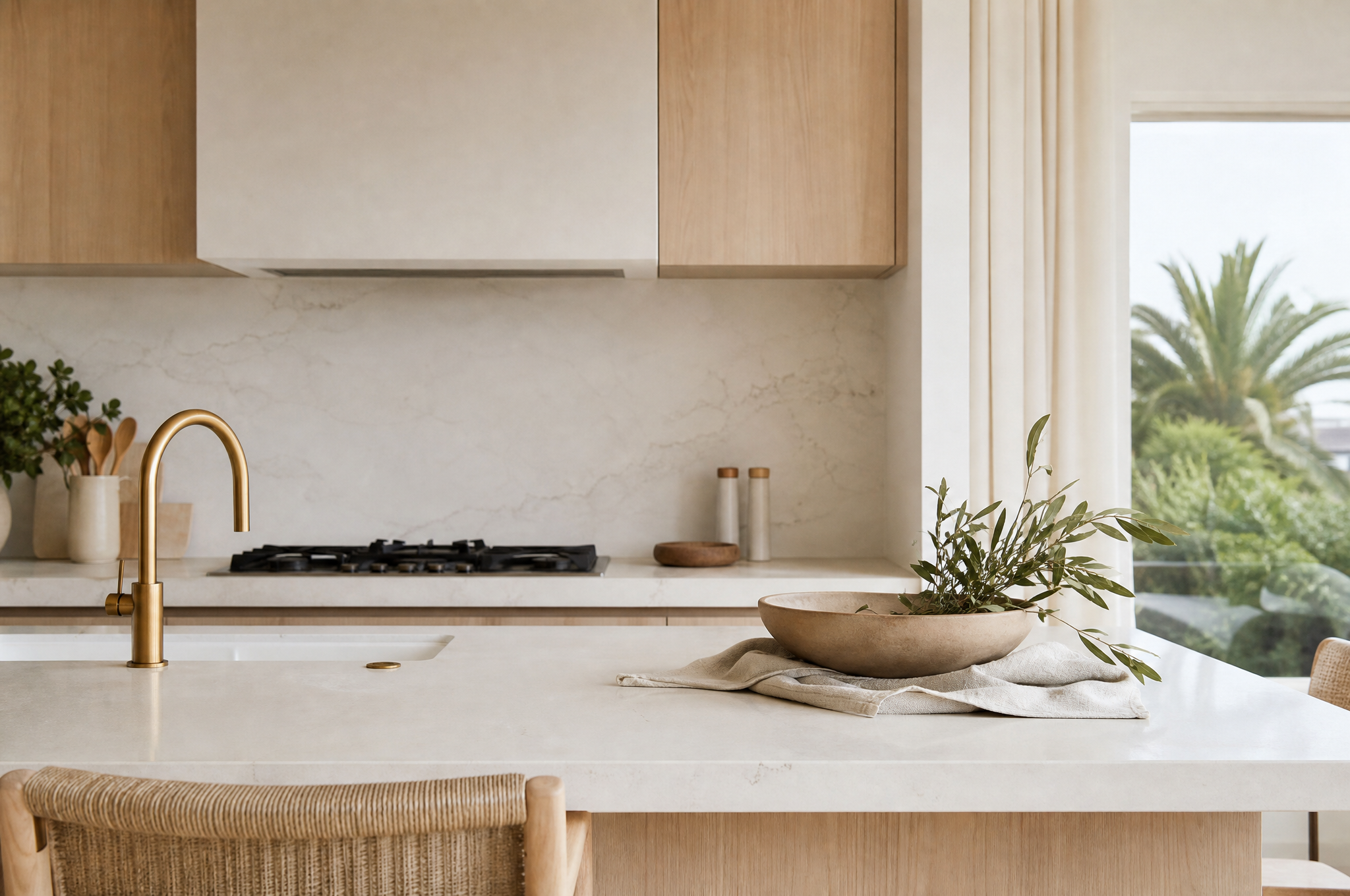 Modern coastal kitchen with stone benchtops and brass tapware, Eastern Suburbs Sydney interior design