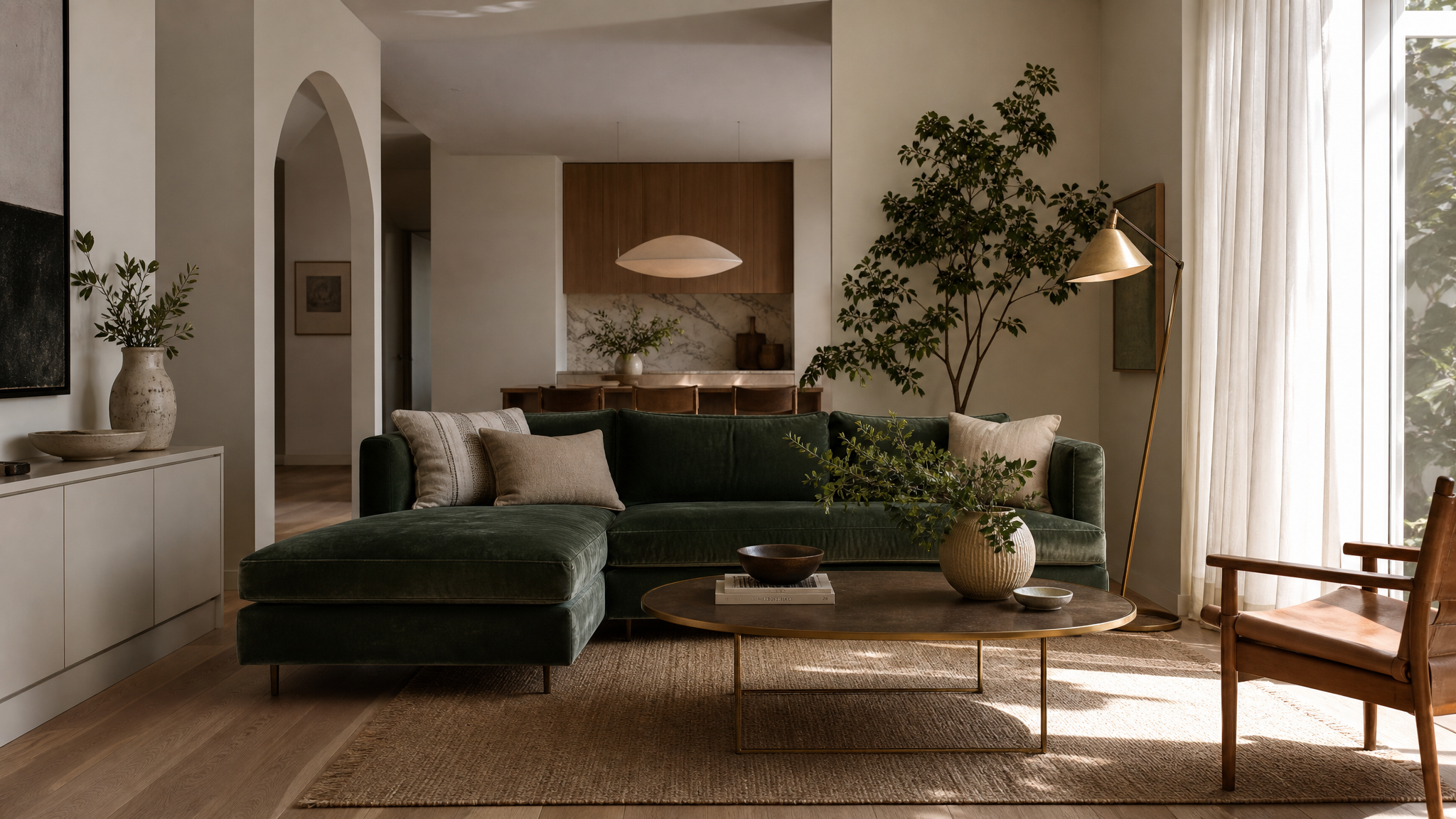 Bold Inner West Sydney living room with deep green velvet sofa and brass accents by Tuesday Lane