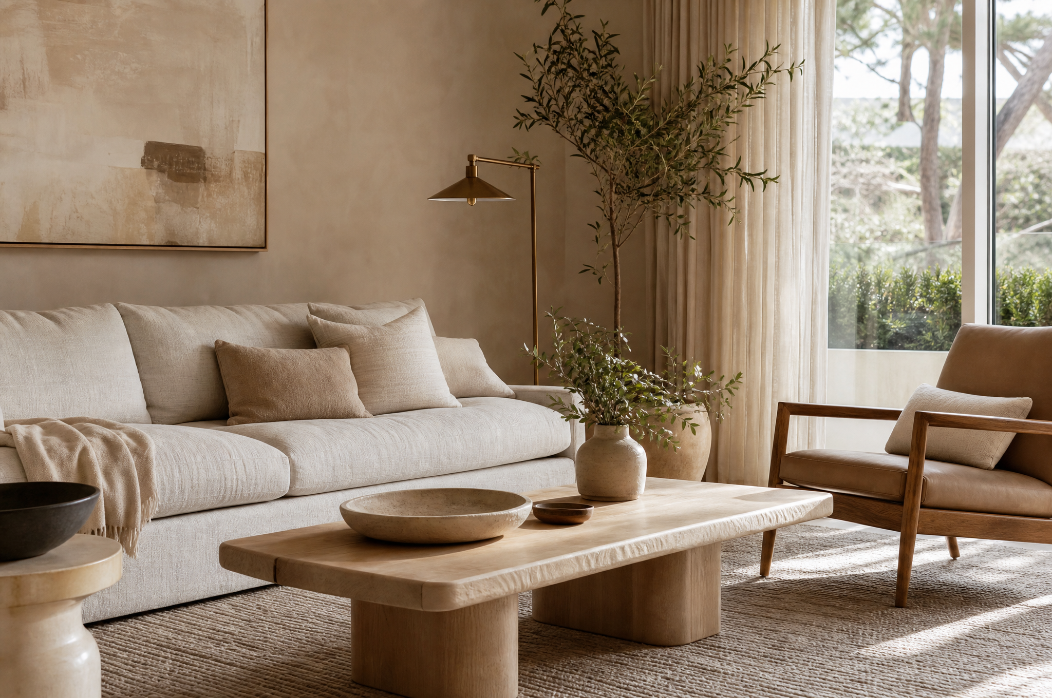 Refined living room with linen sofa and oak coffee table, Tuesday Lane interior designers Eastern Suburbs Sydney