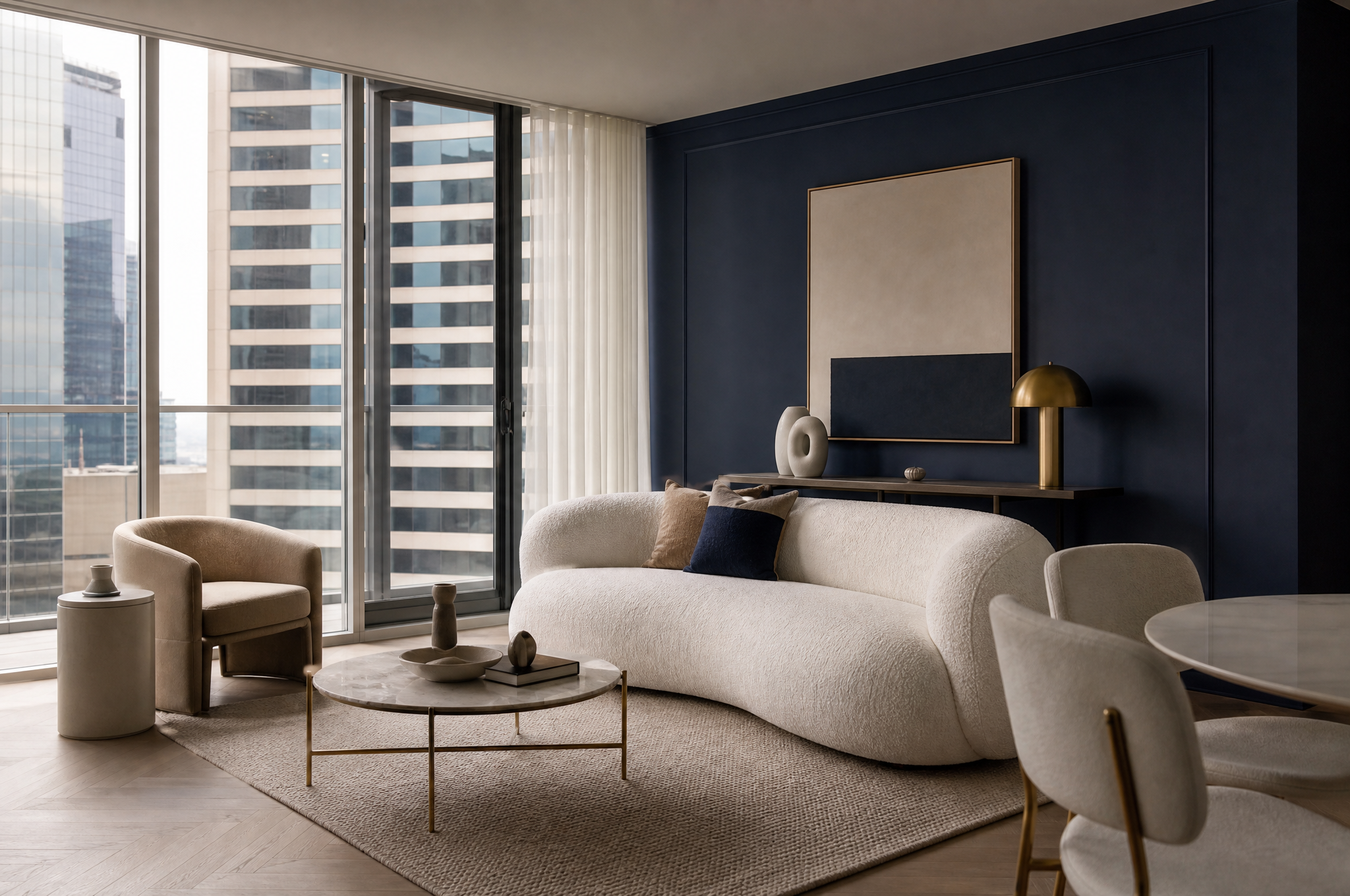 Bold Darlinghurst apartment living room with navy feature wall and boucle sofa by Tuesday Lane
