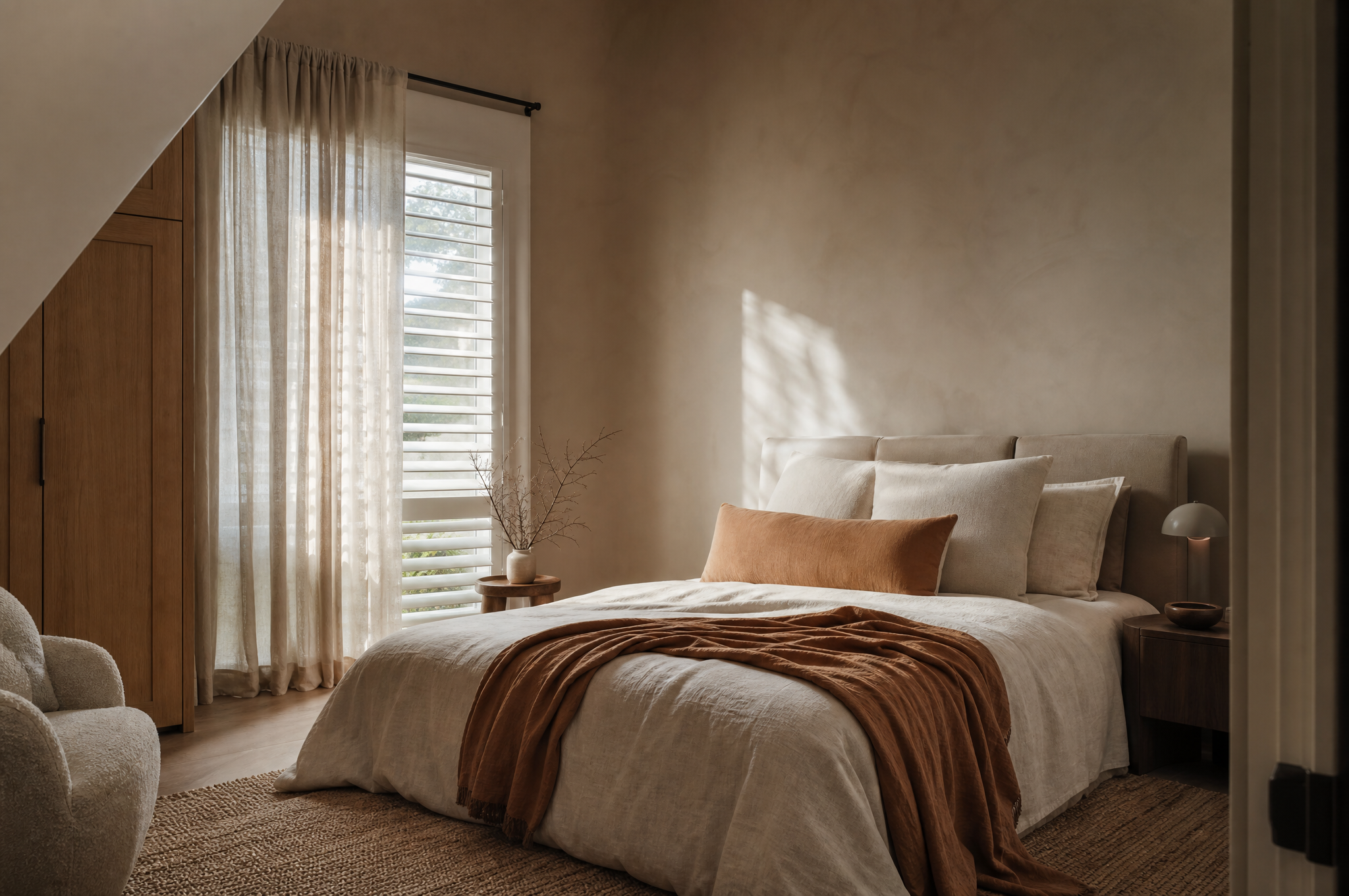 Warm considered bedroom with earthy tones and oak furniture, Tuesday Lane Inner West Sydney
