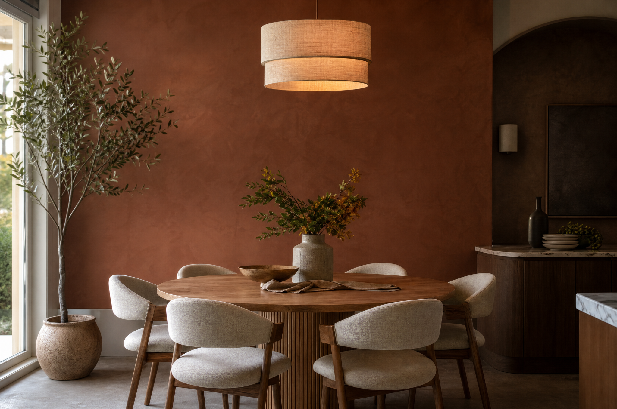Bold terracotta dining room with round timber table, Tuesday Lane Mossvale interior designers