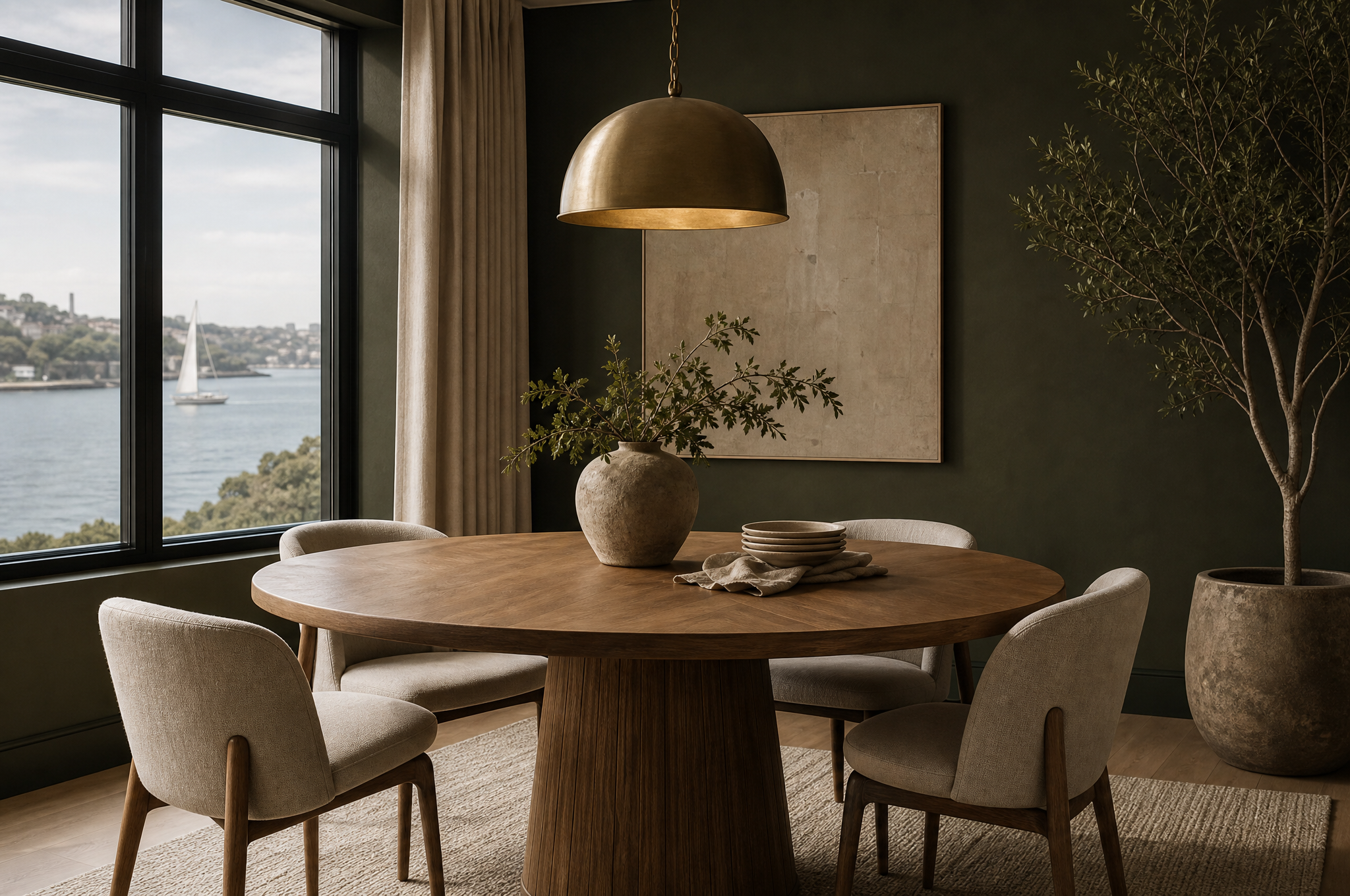 Elegant dining room with olive green walls and brass pendants, Tuesday Lane Crows Nest