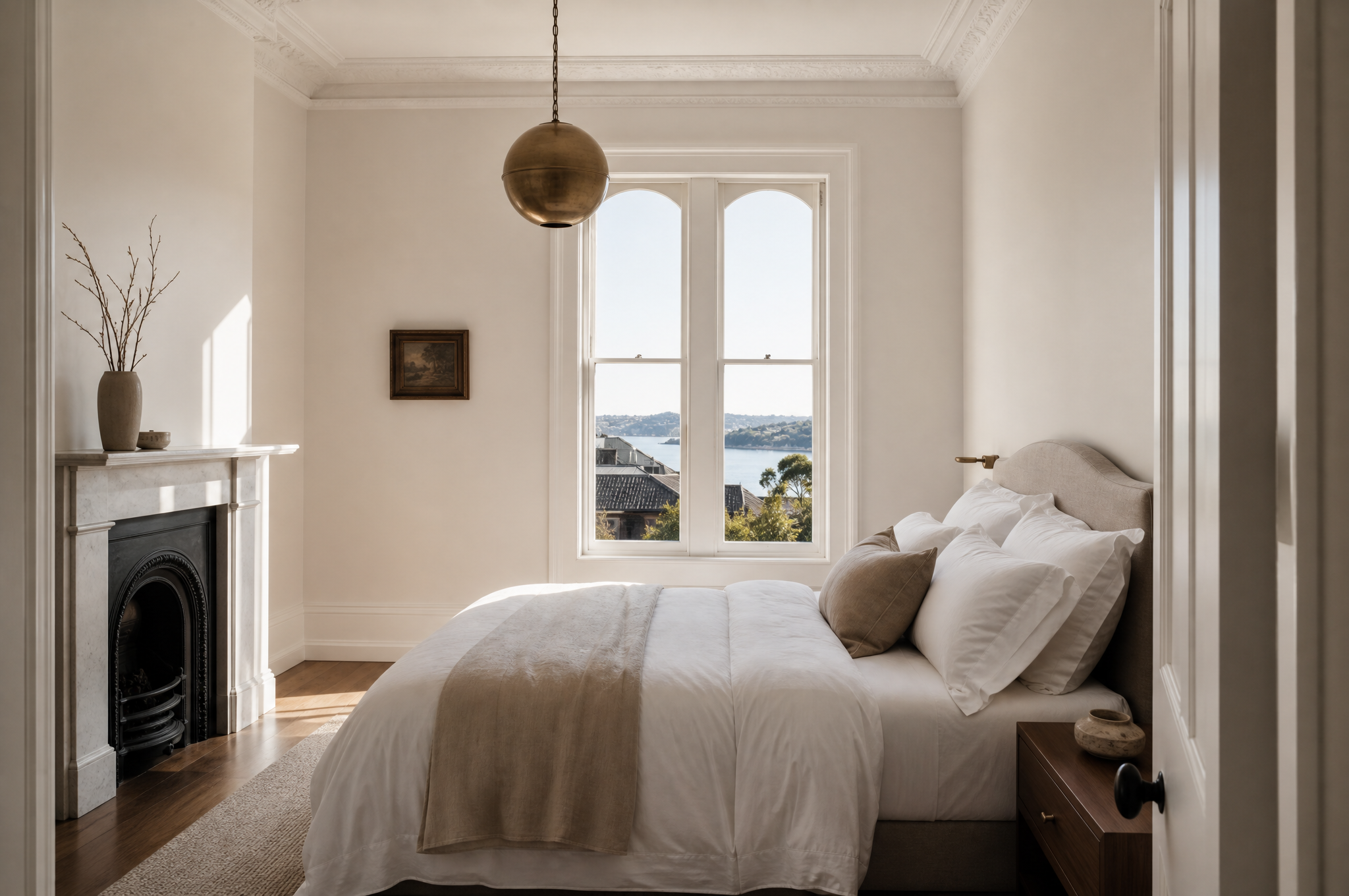 Calm St Leonards bedroom with white linen and harbour morning light by Tuesday Lane