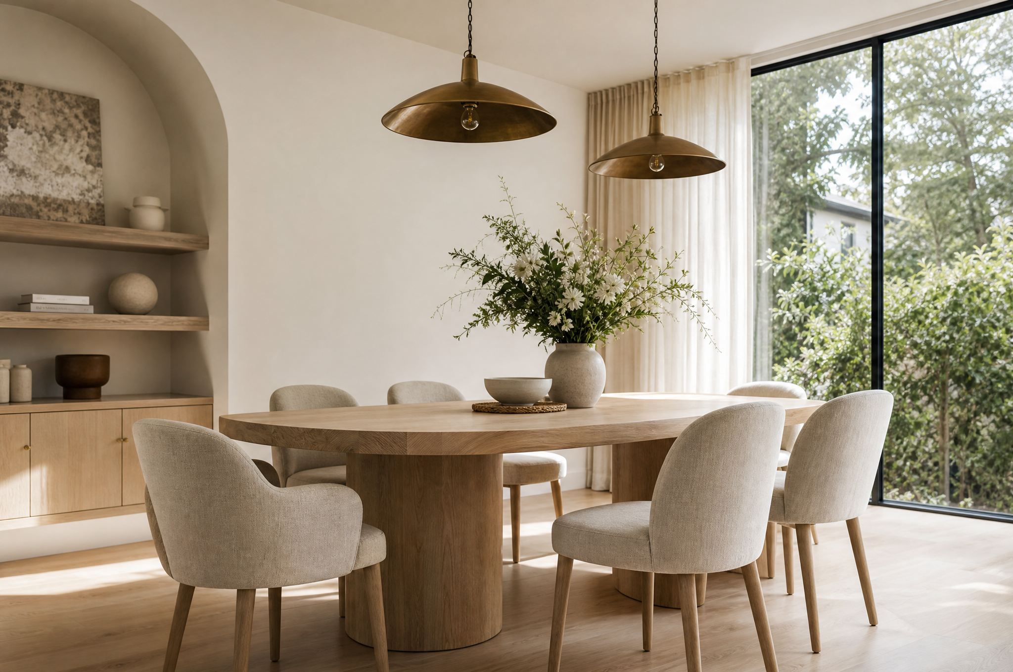 Elegant dining room with oak table and brass pendants, Eastern Suburbs Sydney interior design