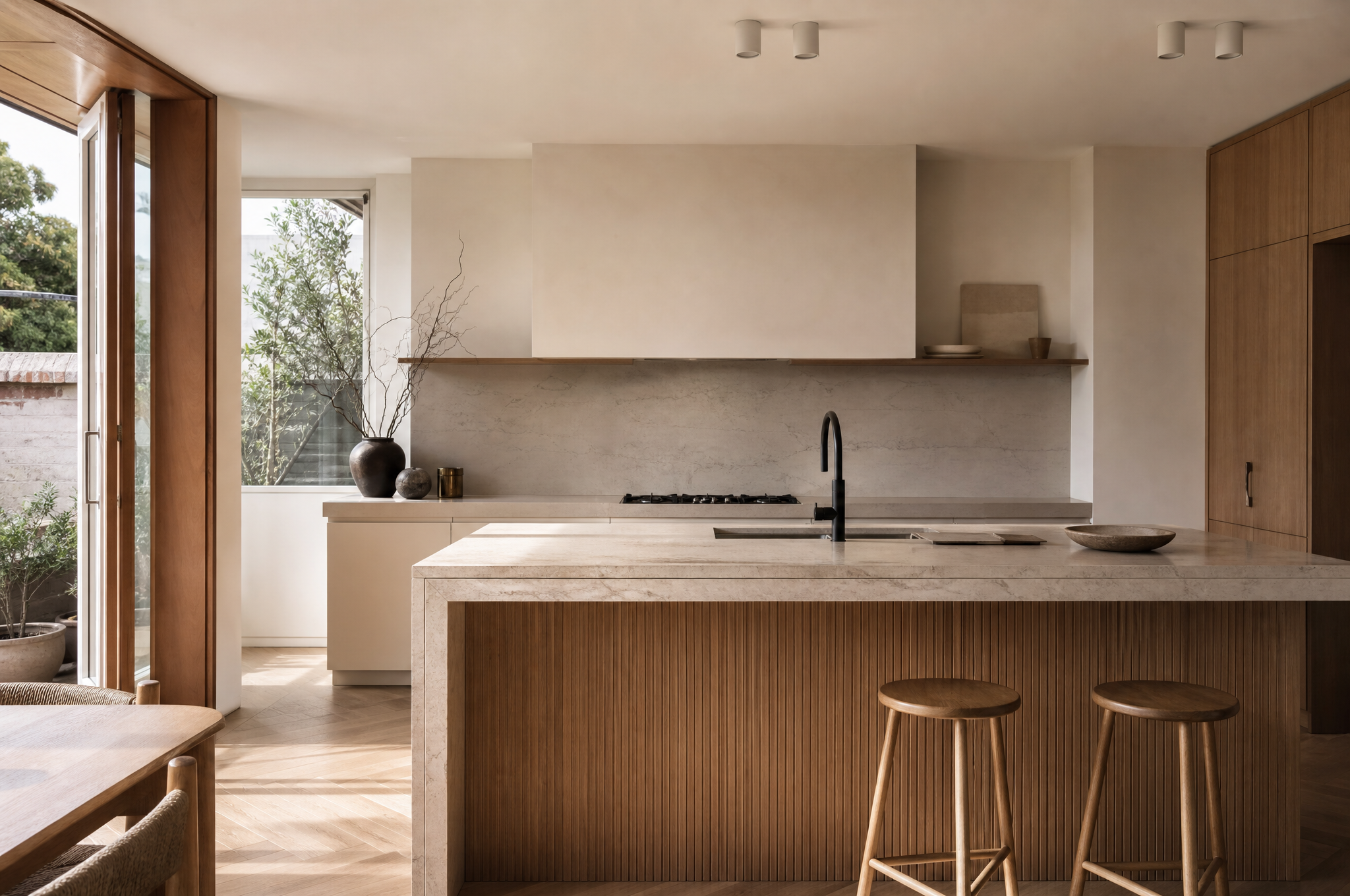 Stanmore kitchen with timber accents and matte black tapware by Tuesday Lane