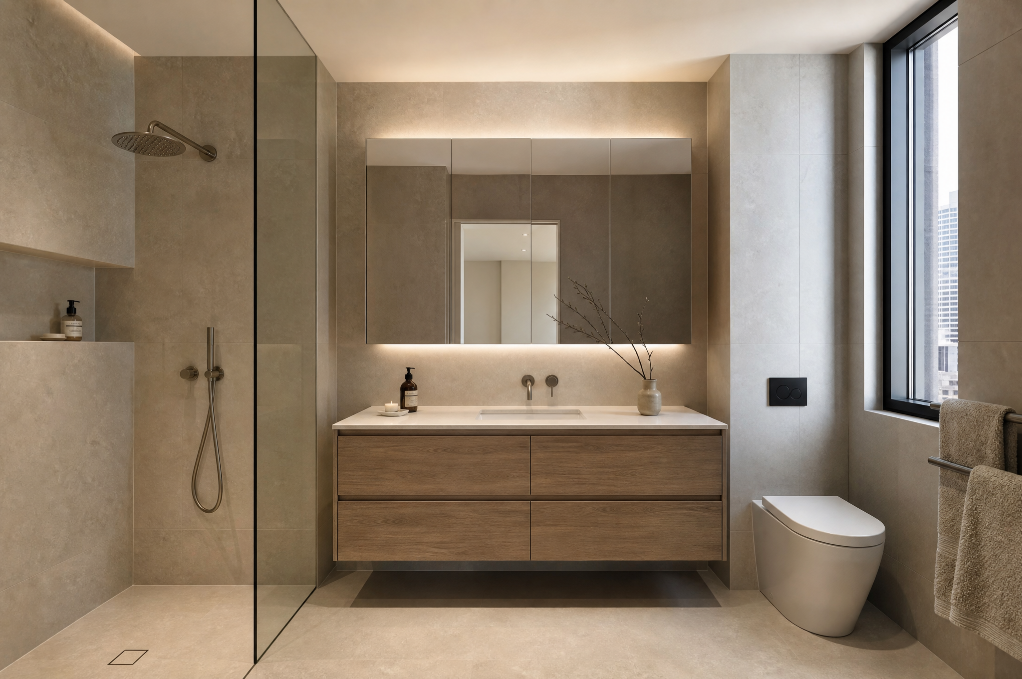 Sleek stone bathroom with matte black fixtures, Tuesday Lane Sydney CBD apartment design