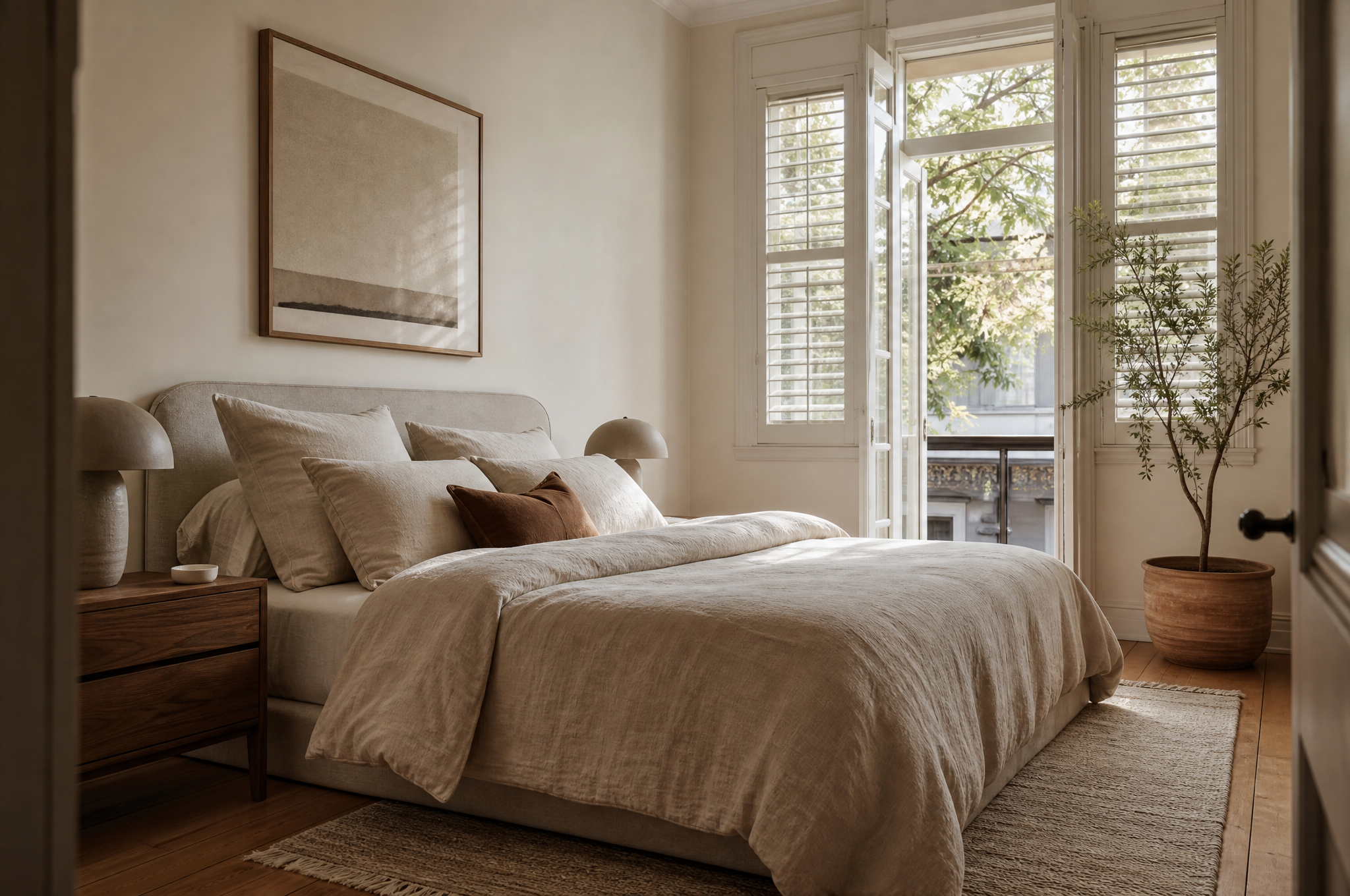 Warm earthy bedroom with walnut furniture and linen bedding, Tuesday Lane Leichhardt