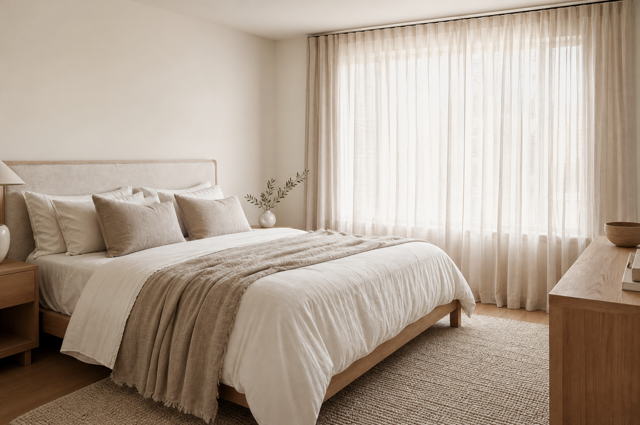 Calm family home bedroom with white linen and oak furniture, Tuesday Lane Gledswood Hillsey