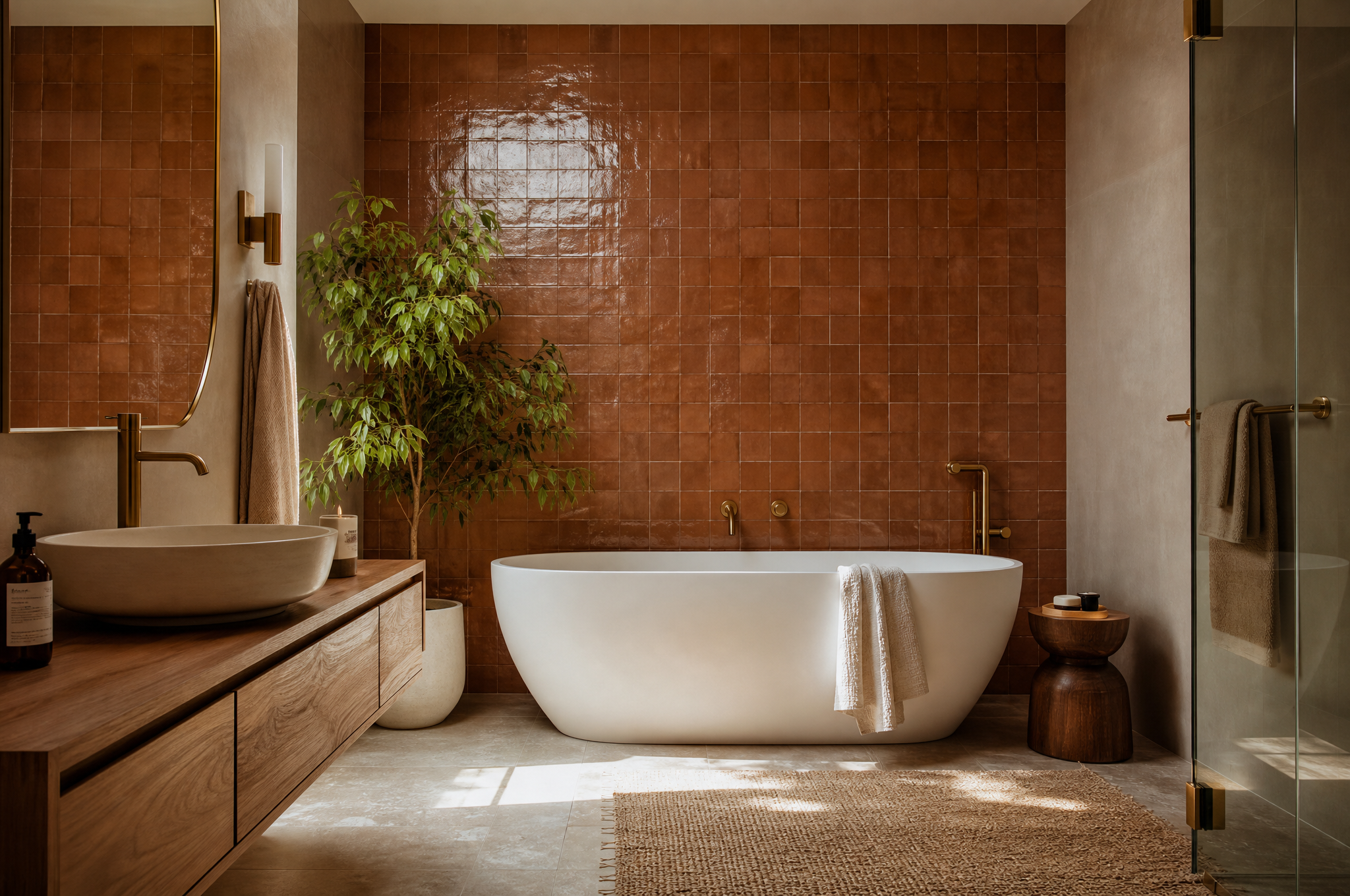 Bold terracotta zellige tile bathroom with freestanding bath by Tuesday Lane Sydney