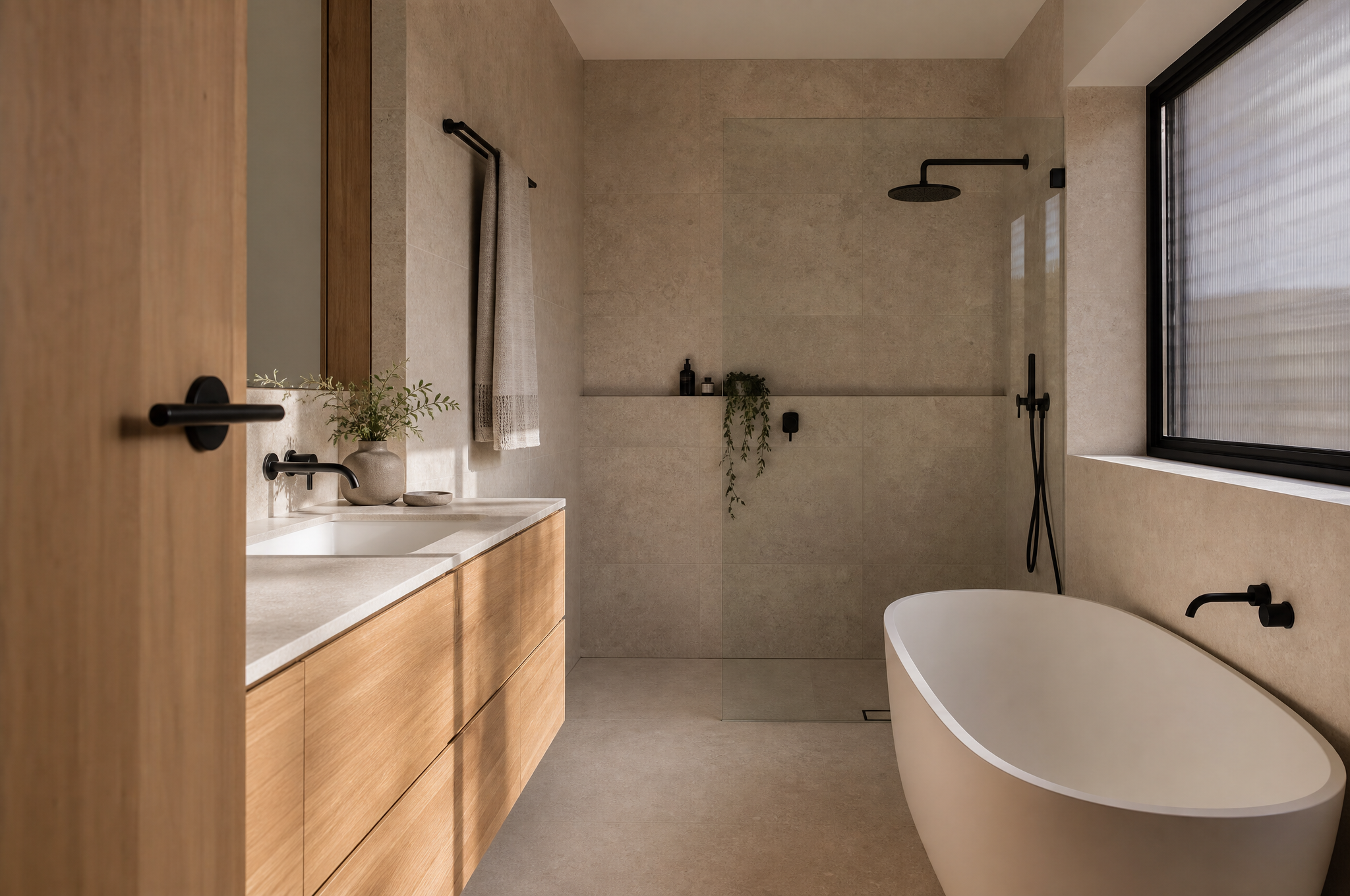 Stone and matte black bathroom in renovated Enmore Terrace by Tuesday Lane