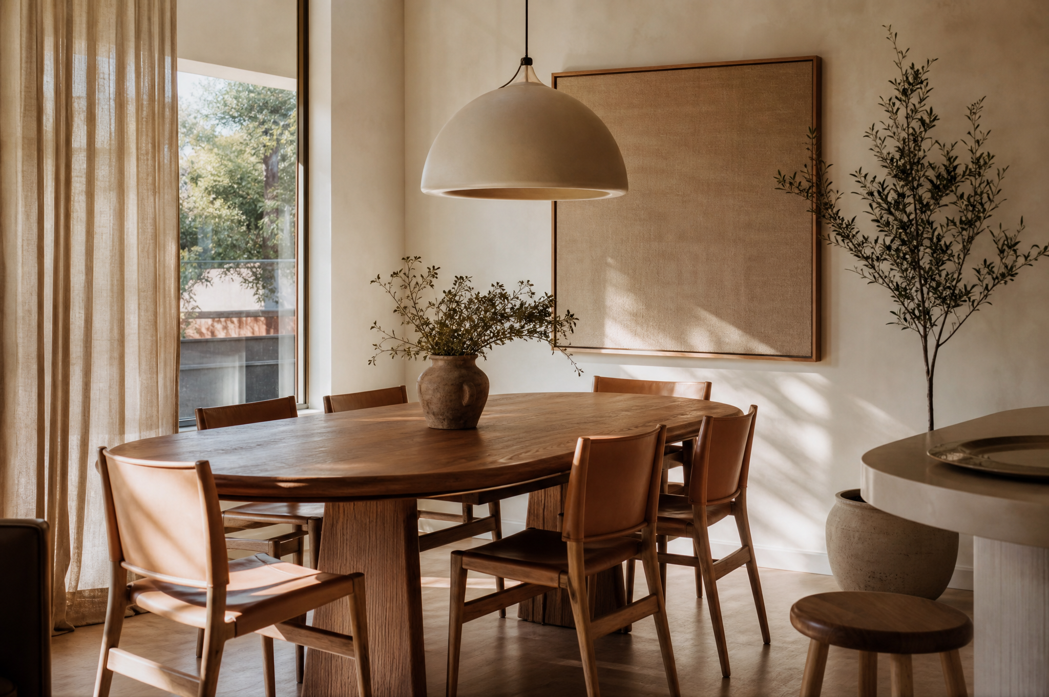 Warm dining room with timber table and pendant lighting, Tuesday Lane Inner West Sydney