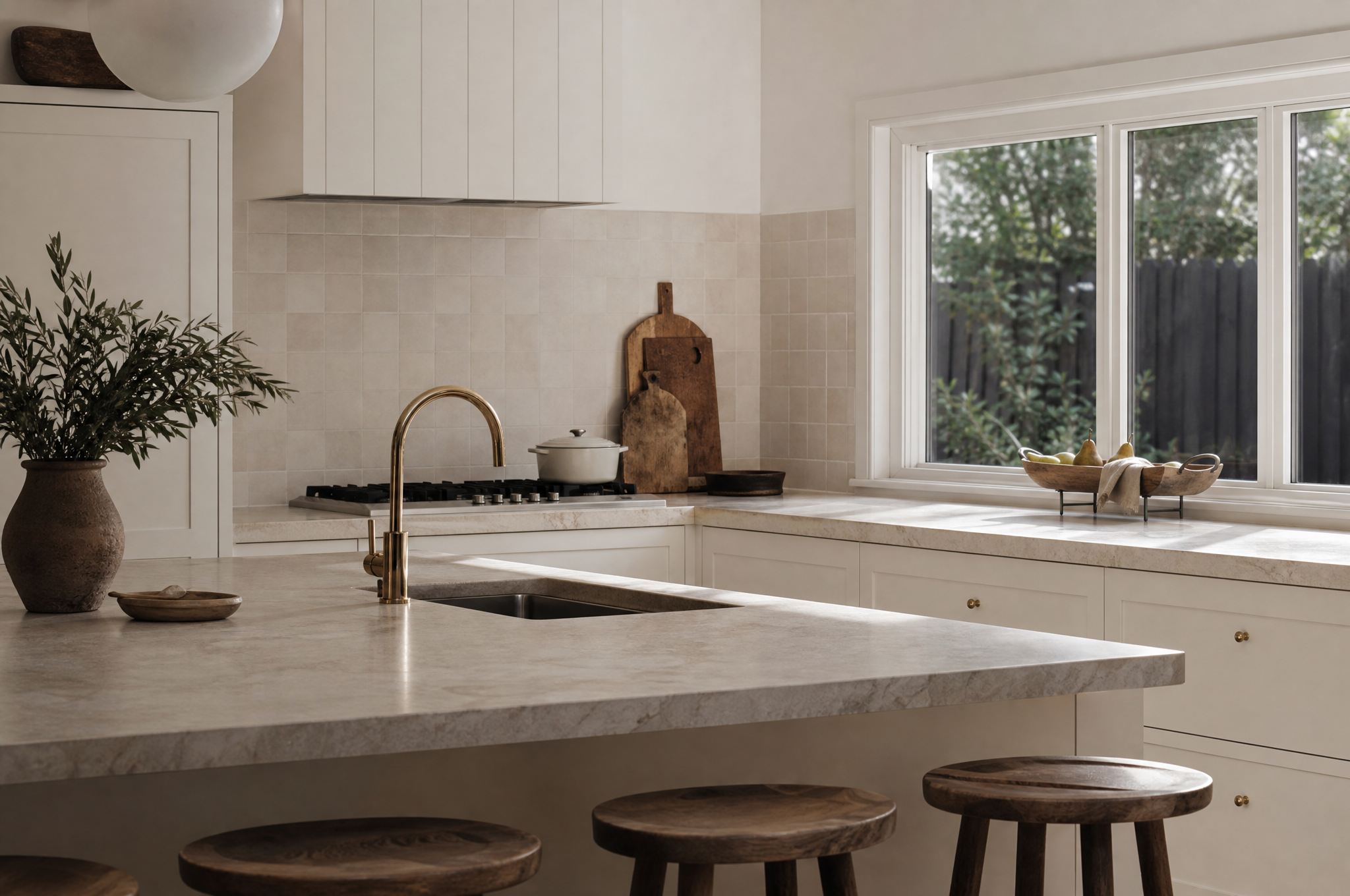 Warm elevated family home kitchen with stone benchtops and brass tapware, Tuesday Lane Greater Sydney