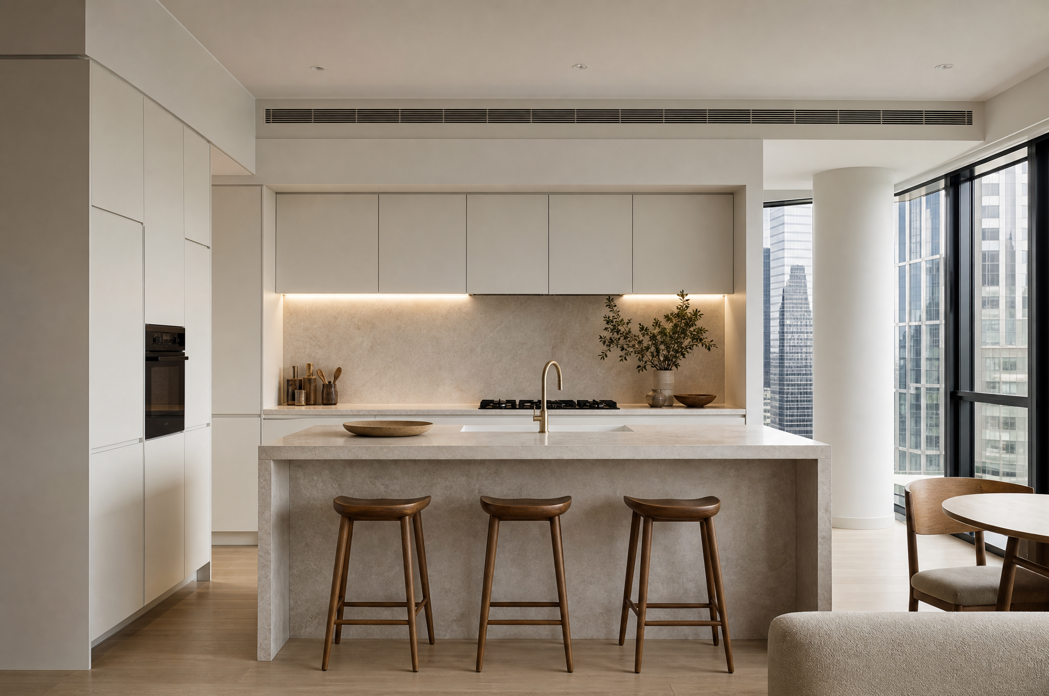 Minimal Sydney CBD apartment kitchen with stone benchtops and integrated appliances by Tuesday Lane
