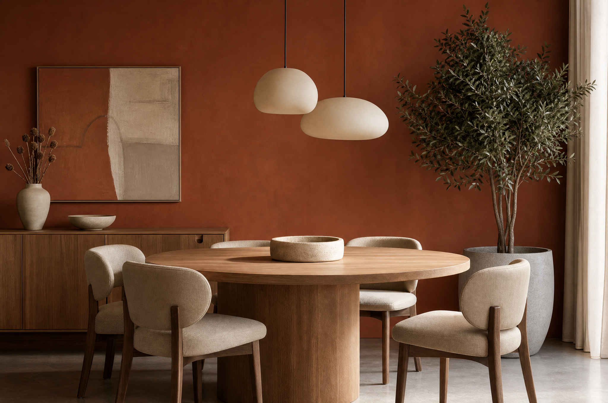 Bold terracotta dining room with timber table and pendant lighting, Tuesday Lane Greater Sydney