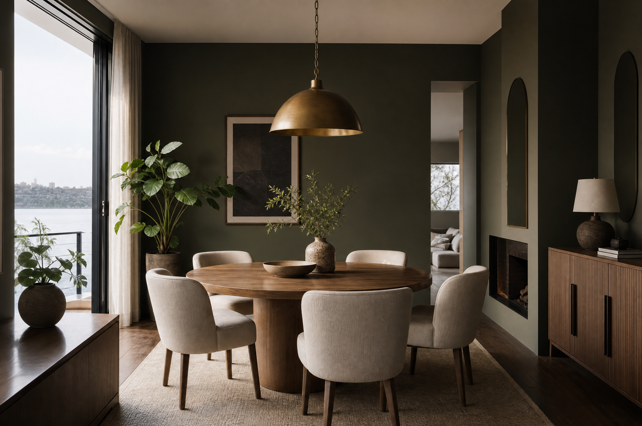 Bold dining room with olive green walls and brass pendants, Tuesday Lane Lower North Shore Sydney