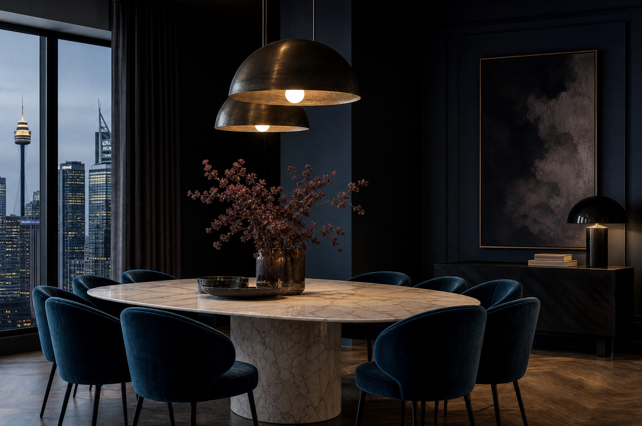 Dramatic navy dining room with marble table and velvet chairs, Tuesday Lane Sydney CBD