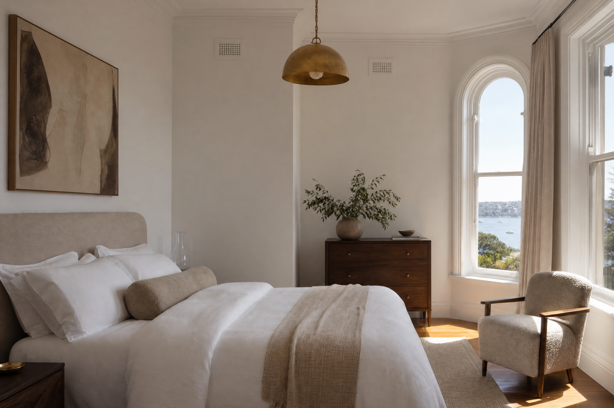 Calm refined bedroom with white linen and harbour light, Tuesday Lane Lower North Shore Sydney