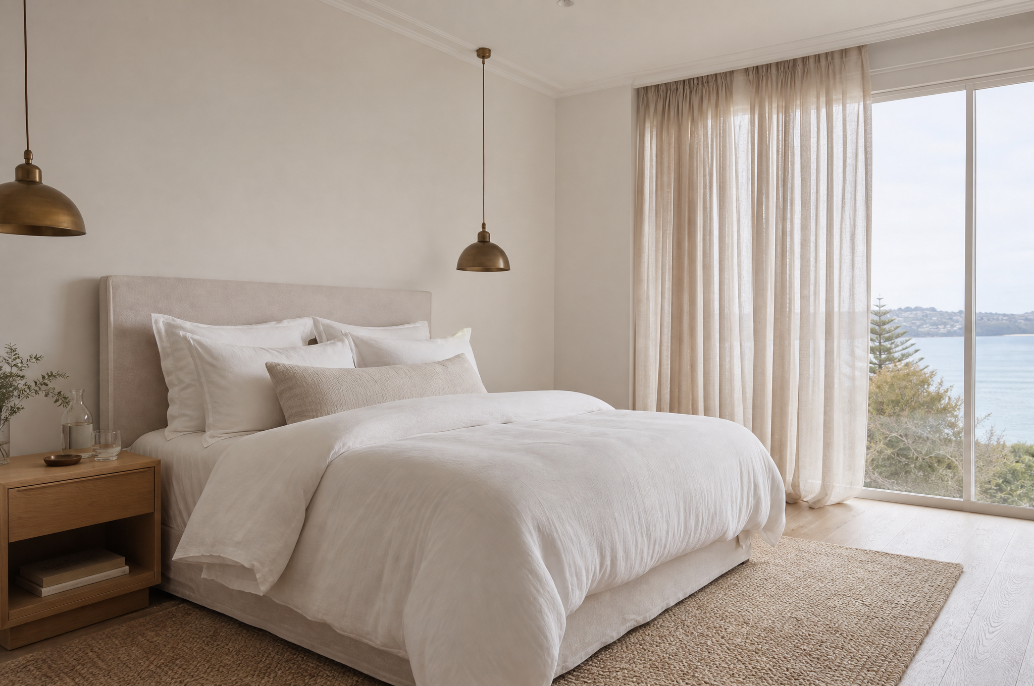Calm coastal bedroom with white linen and oak bedside tables, Tuesday Lane Edgecliff