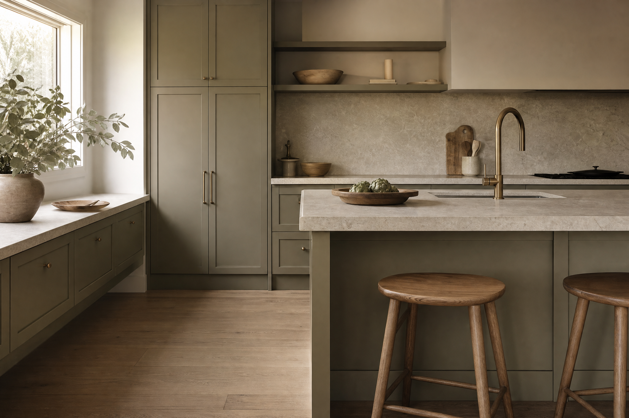 Warm sage green kitchen with stone benchtops and brass tapware, Tuesday Lane Exeter