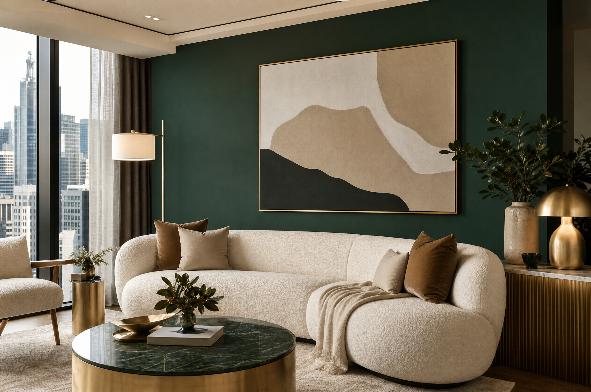 Bold Sydney CBD living room with emerald green feature wall and boucle sofa by Tuesday Lane