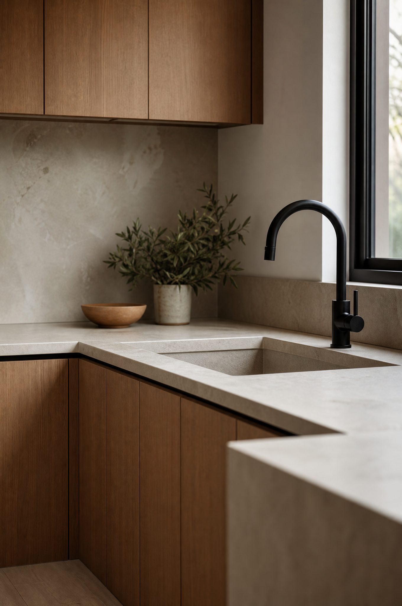 Warm timber kitchen cabinetry detail in Strathfield terrace home by Tuesday Lane