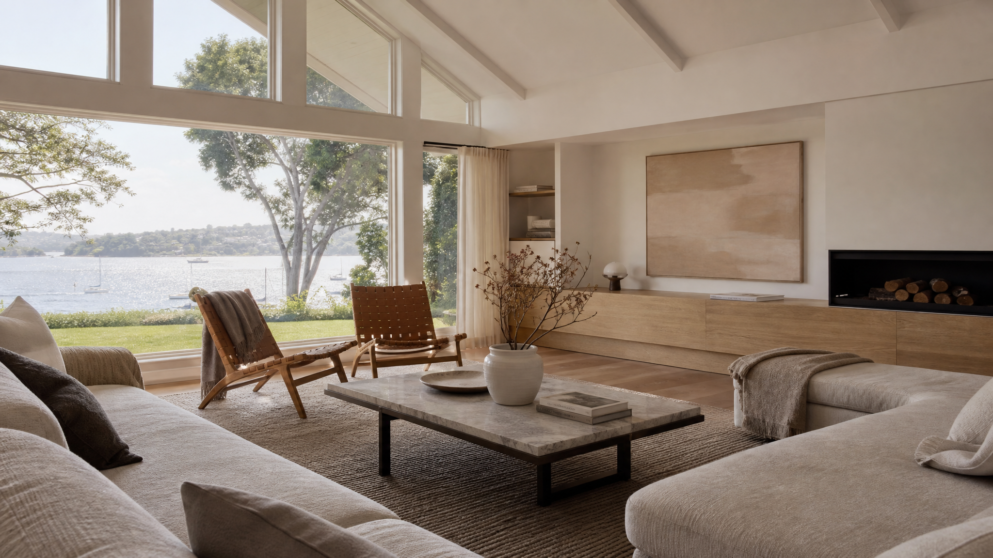 Sophisticated harbourside living room with linen sofa and brass accents, Tuesday Lane Lower North Shore Sydney
