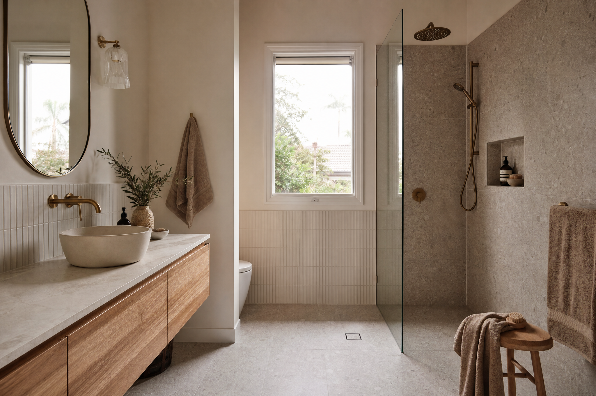 Stone and timber bathroom with matte black fixtures, Inner West Sydney interior design