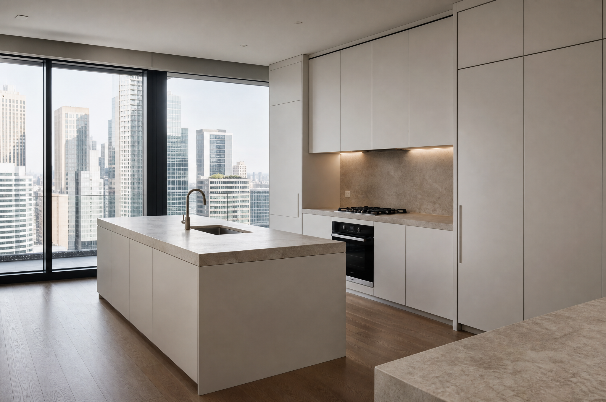 Sleek minimal Elizabeth Bay home kitchen with stone benchtops by Tuesday Lane interior designers