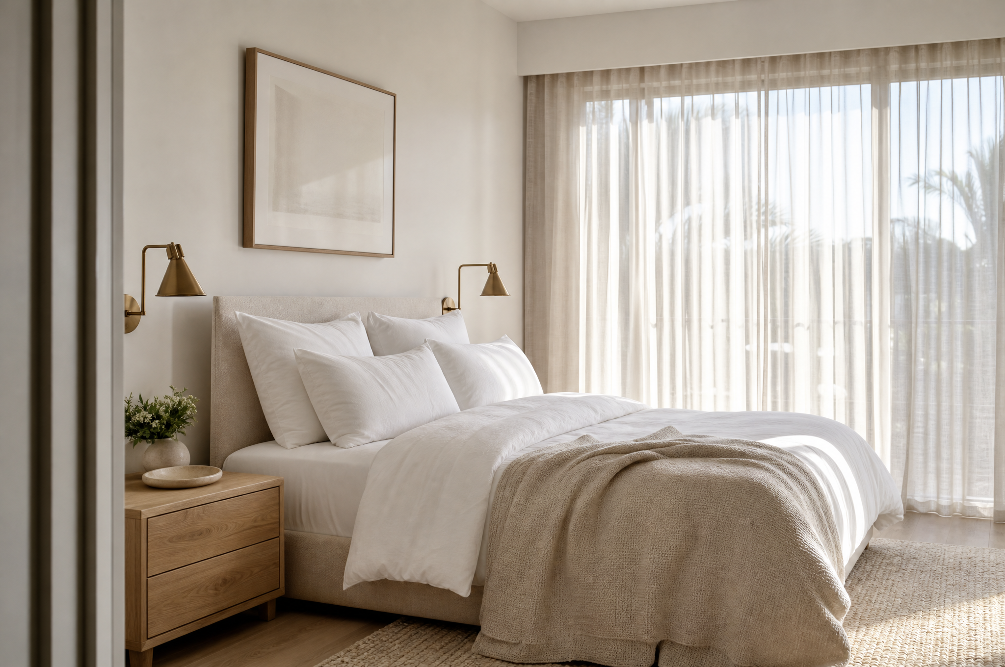 Calm coastal-luxe bedroom with white linen and brass lighting, Eastern Suburbs Sydney interior design
