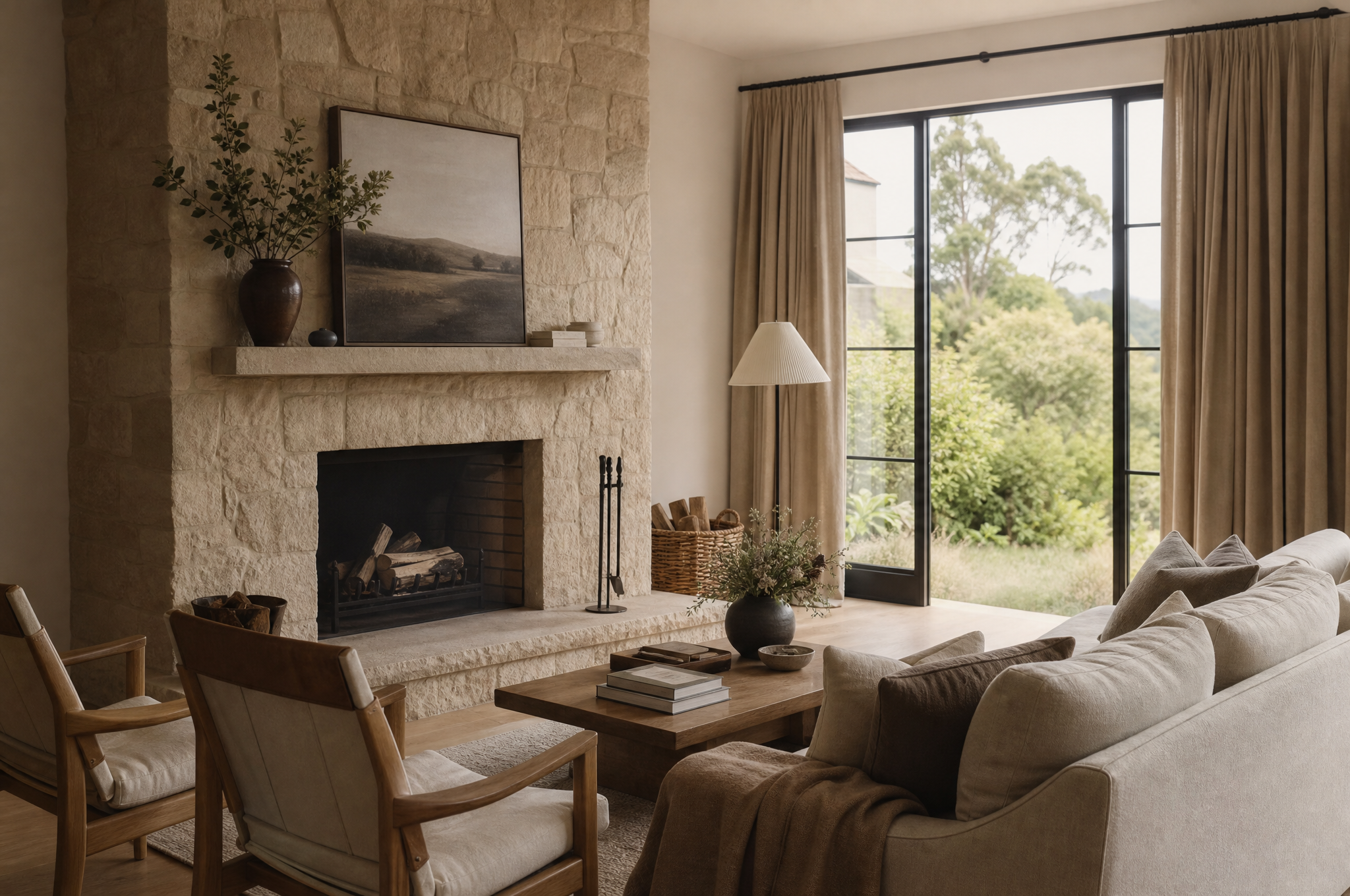 Cosy Southern Highlands living room with stone fireplace and linen sofa by Tuesday Lane