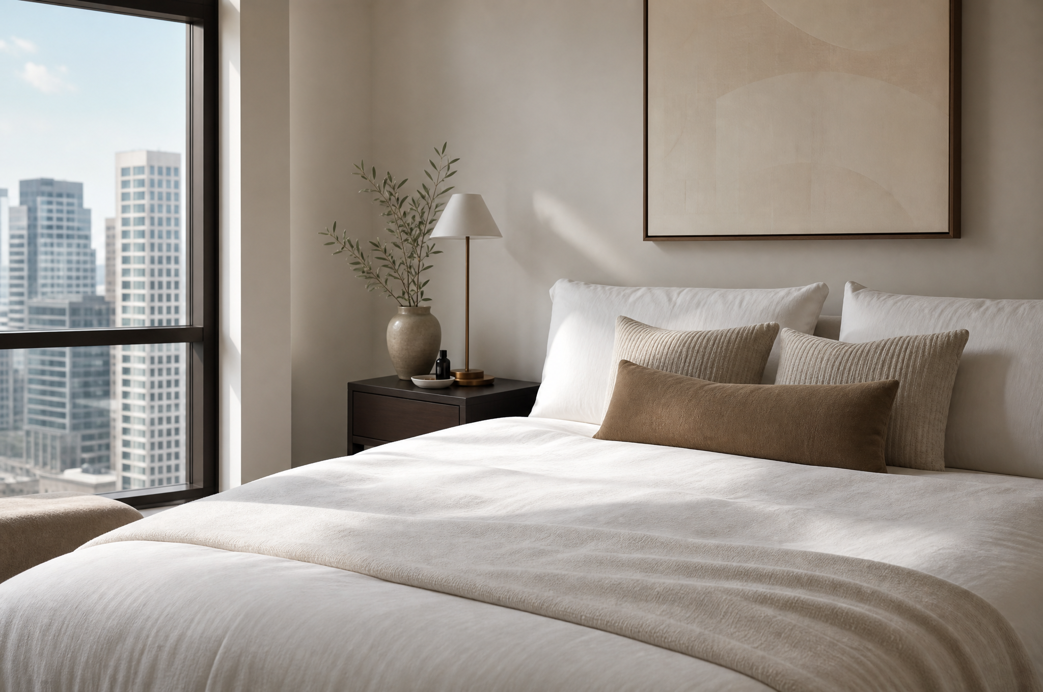 Calm sophisticated bedroom with dark oak furniture, Tuesday Lane Sydney CBD interior design