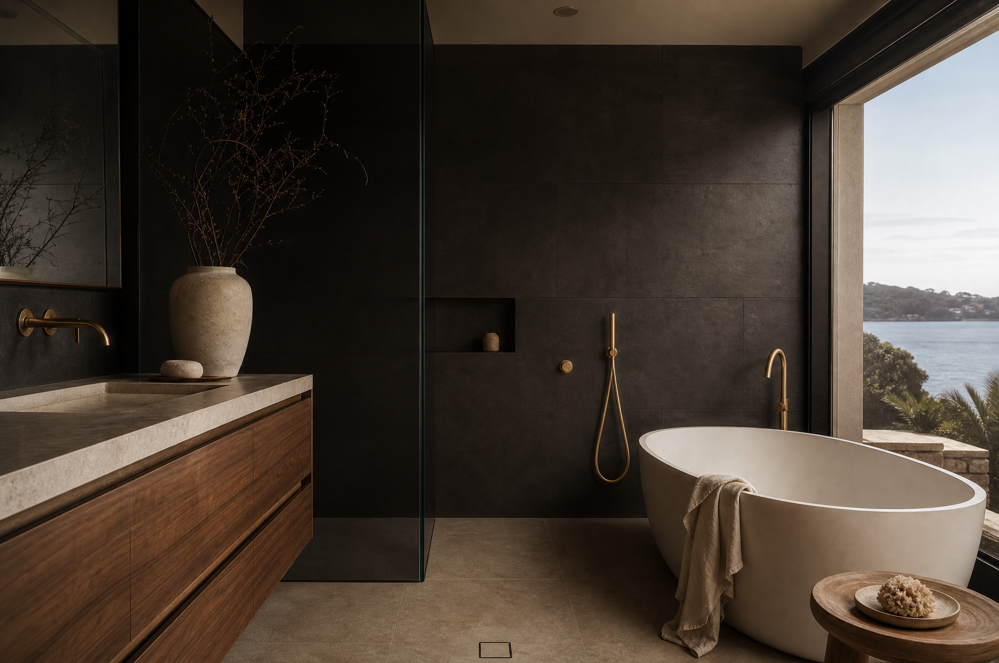 Moody charcoal bathroom with freestanding bath and brass fixtures, Tuesday Lane Waverton Sydney