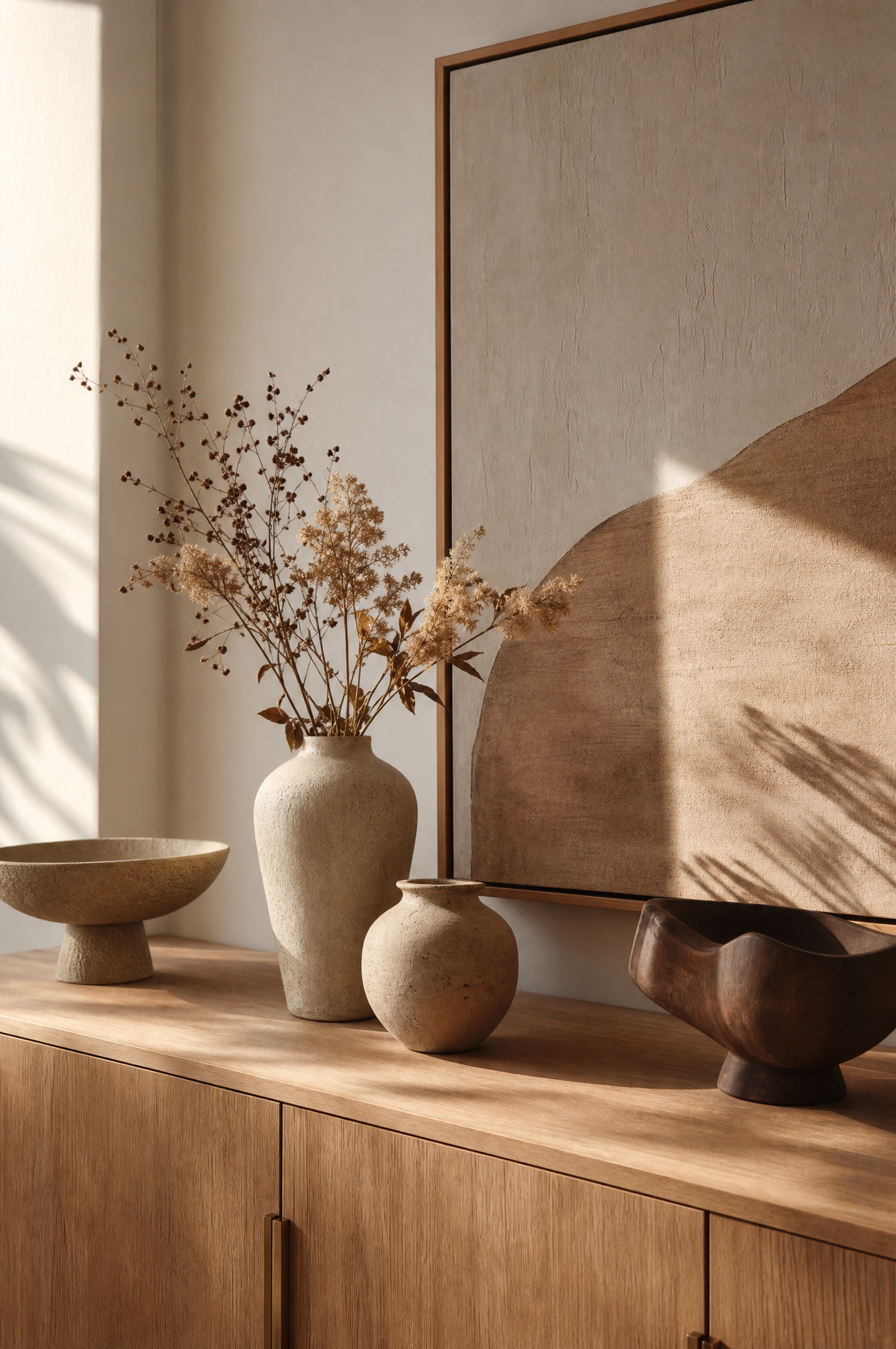 Earthy interior styling detail with ceramic vessels and botanicals, Tuesday Lane Gledswood Hills