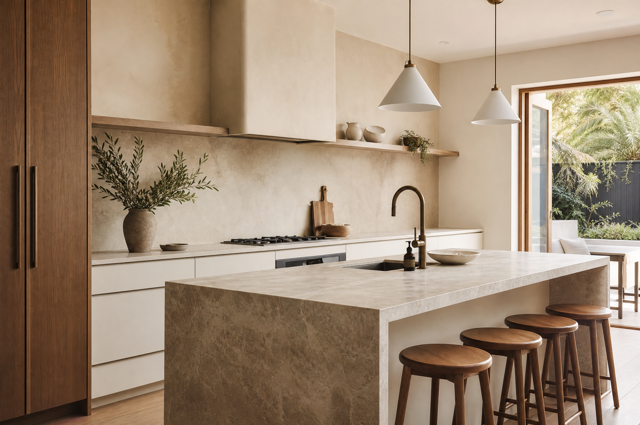 Renovated Inner West Sydney kitchen with stone benchtops and brass tapware by Tuesday Lane