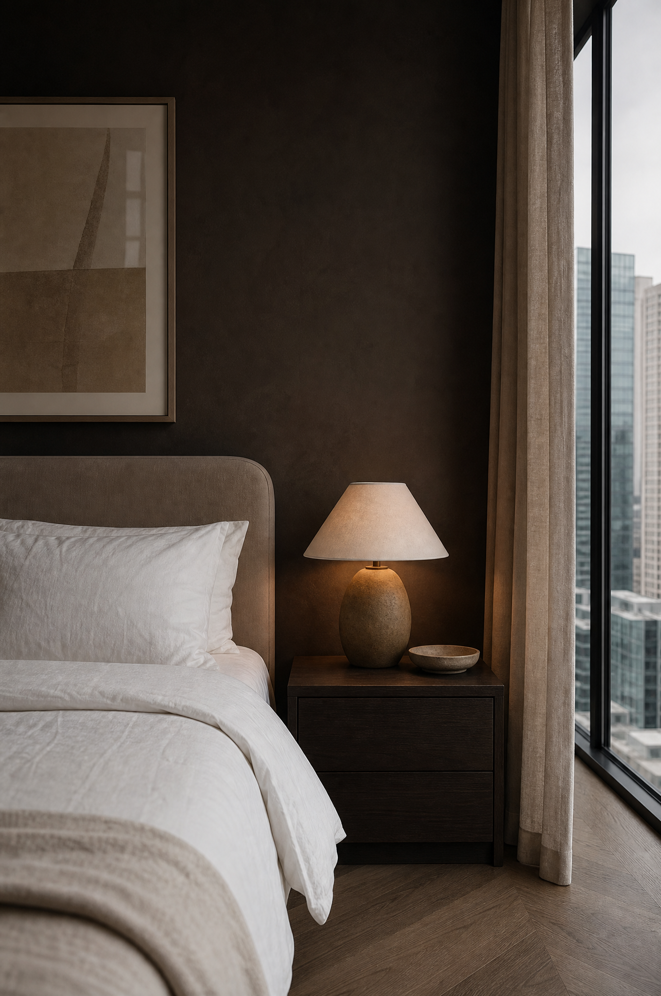 Dark feature wall bedroom detail with oak bedside table and lamp, Tuesday Lane Zetland