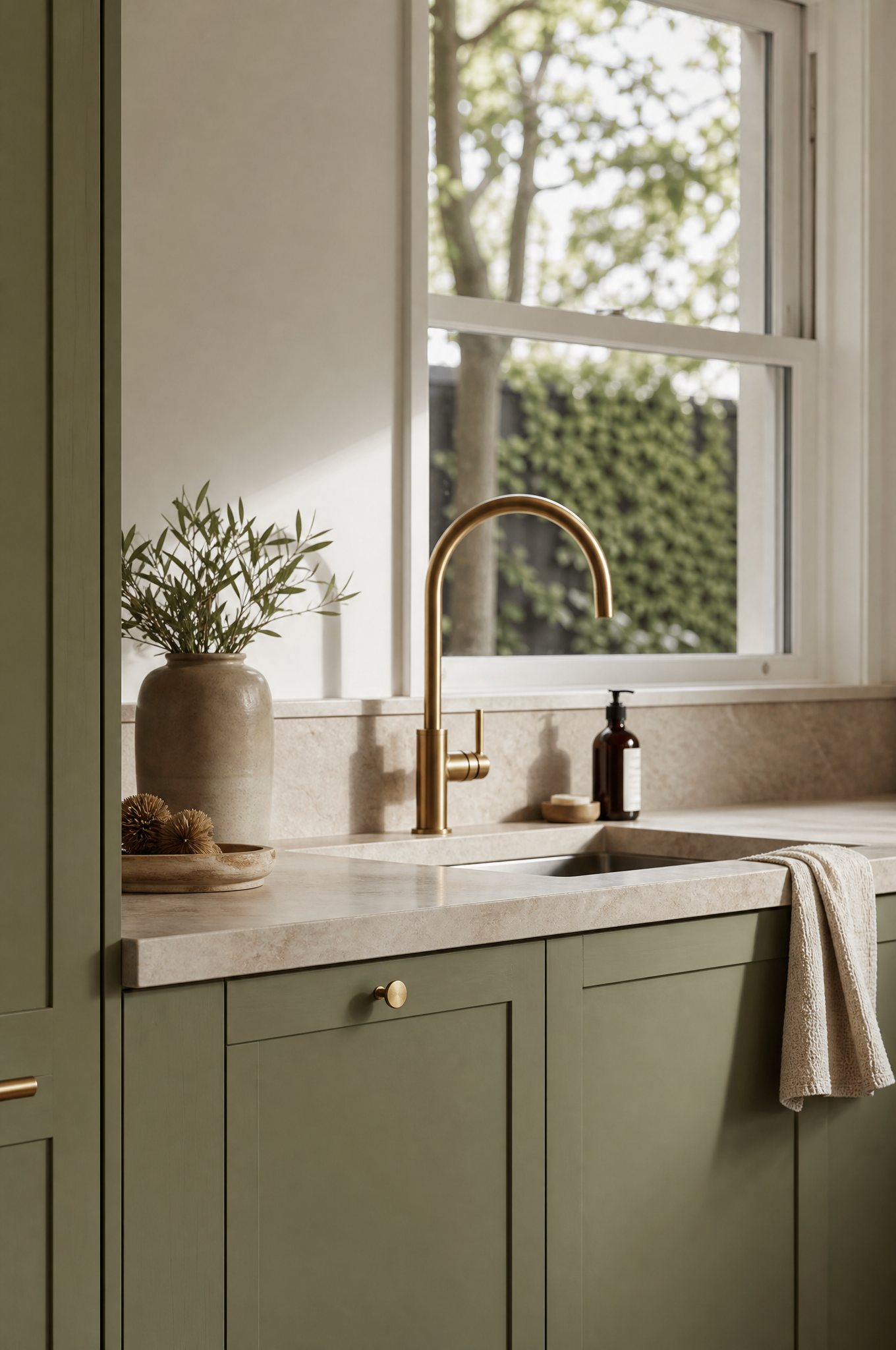 Sage green shaker cabinetry and brass tapware detail, Tuesday Lane Caringbah interior designers