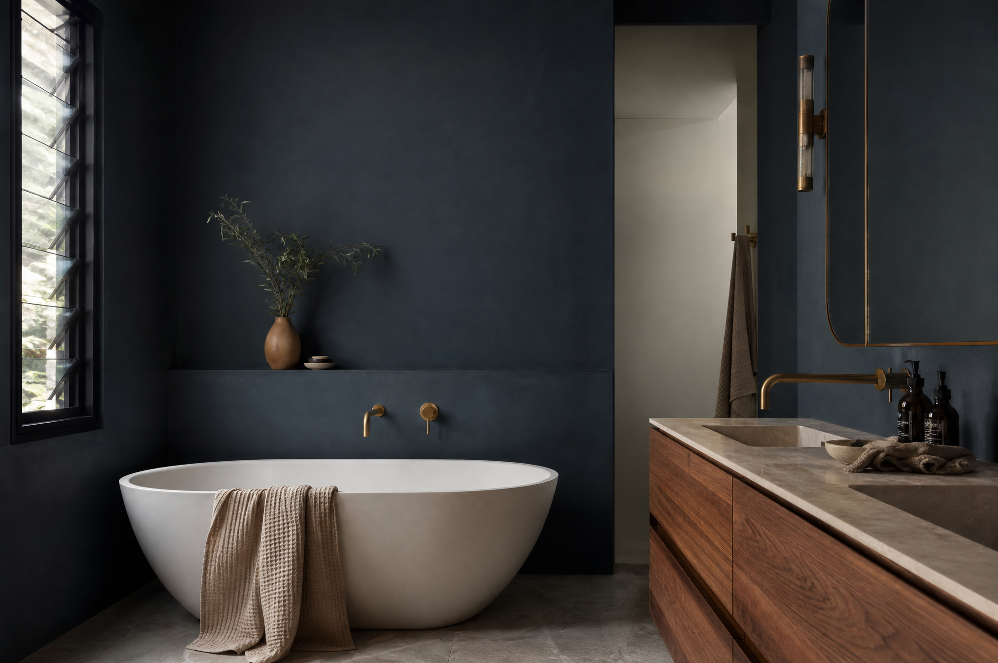 Moody navy bathroom with freestanding bath and brass fixtures, Tuesday Lane Greater Sydney