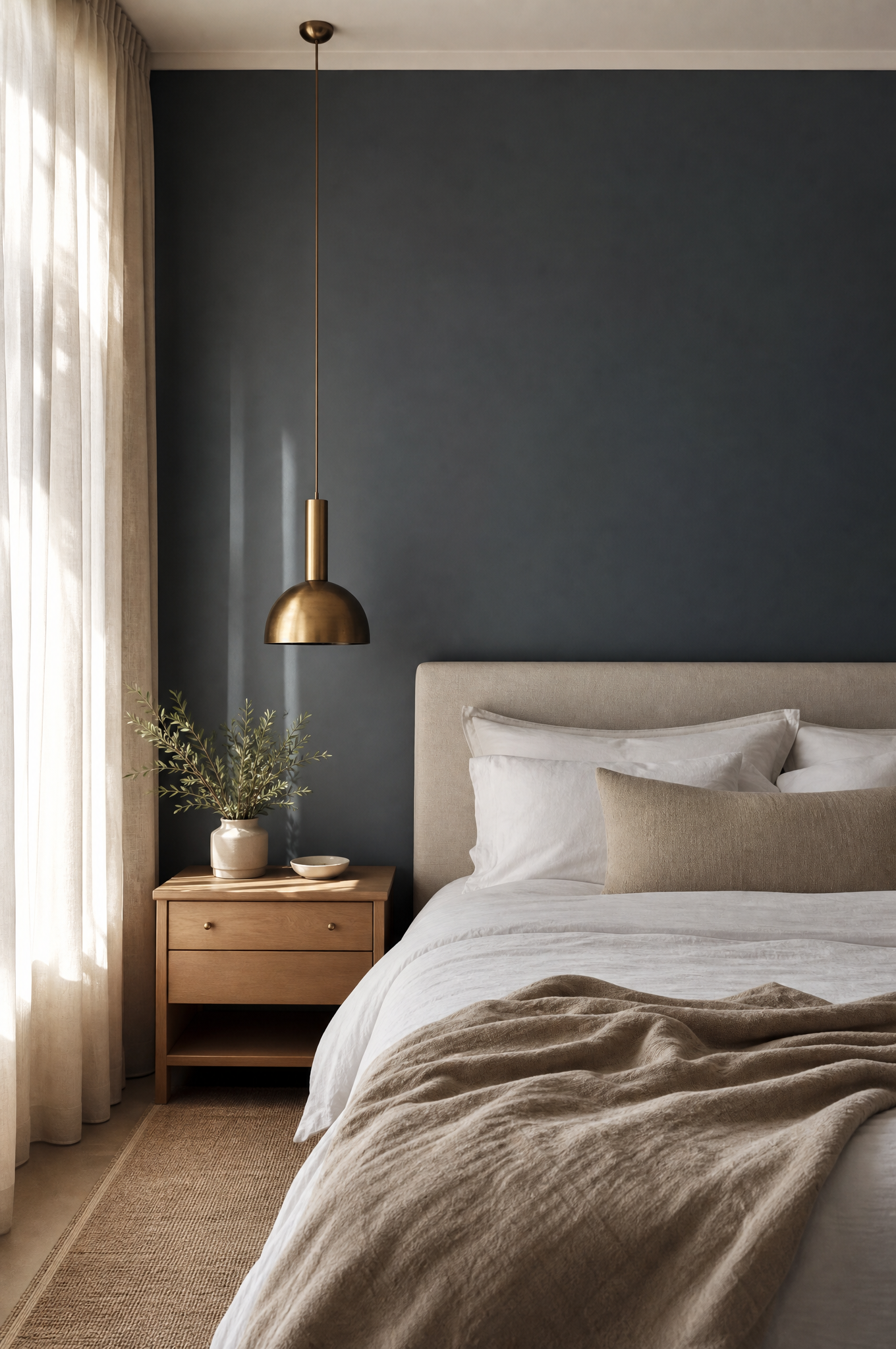 Little Bay bedroom with dusty blue feature wall and white linen by Tuesday Lane